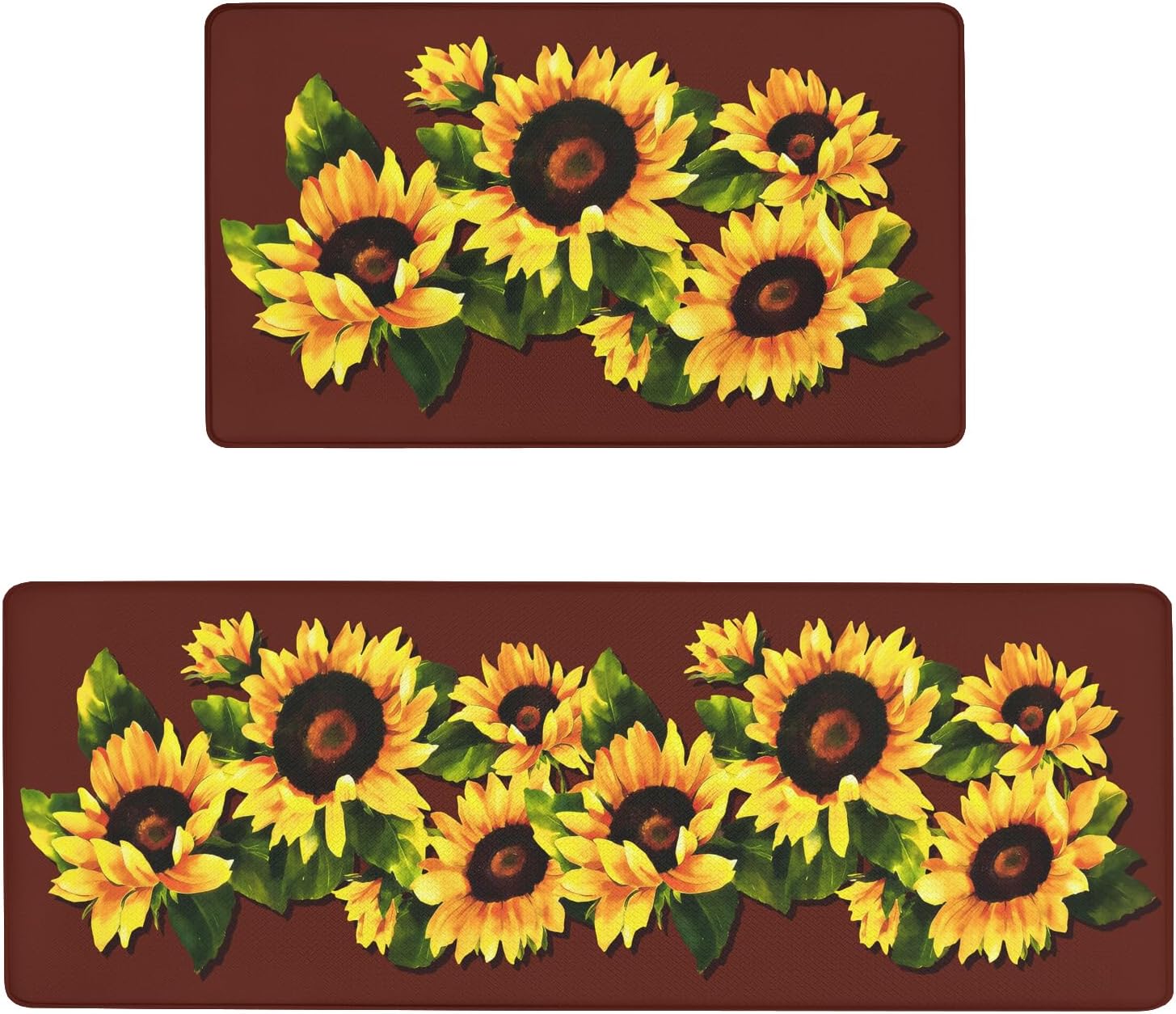 Anti Fatigue Kitchen Rugs Set of 2, Sunflower Kitchen Mats for Floor, Sunflower Kitchen Decor, Anti-Slip Foam Standing Mat, 17x30 Inch Sink Mat+17x47 Inch Runner Rug Brown