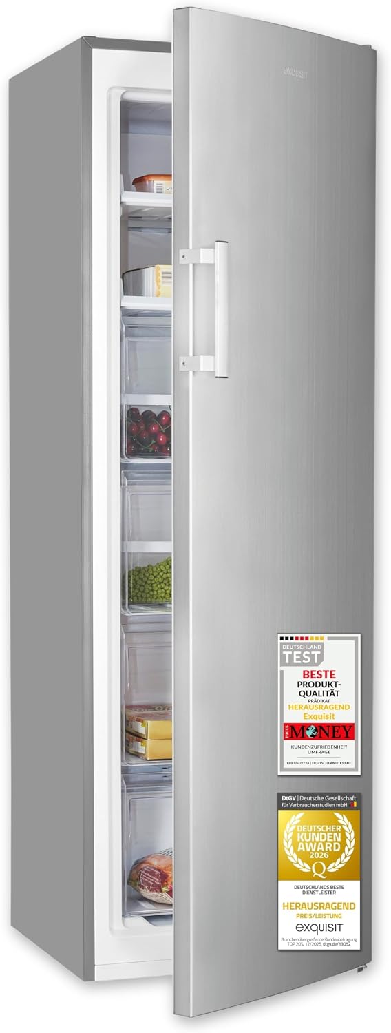 Exquisit Freezer 204 l net capacity energy class E 222 kWh/year 39 dB 4-star compartment no frost freezing quick freezing digital temperature display GS5271-NF-H-040E inoxlook [Energy Class E]