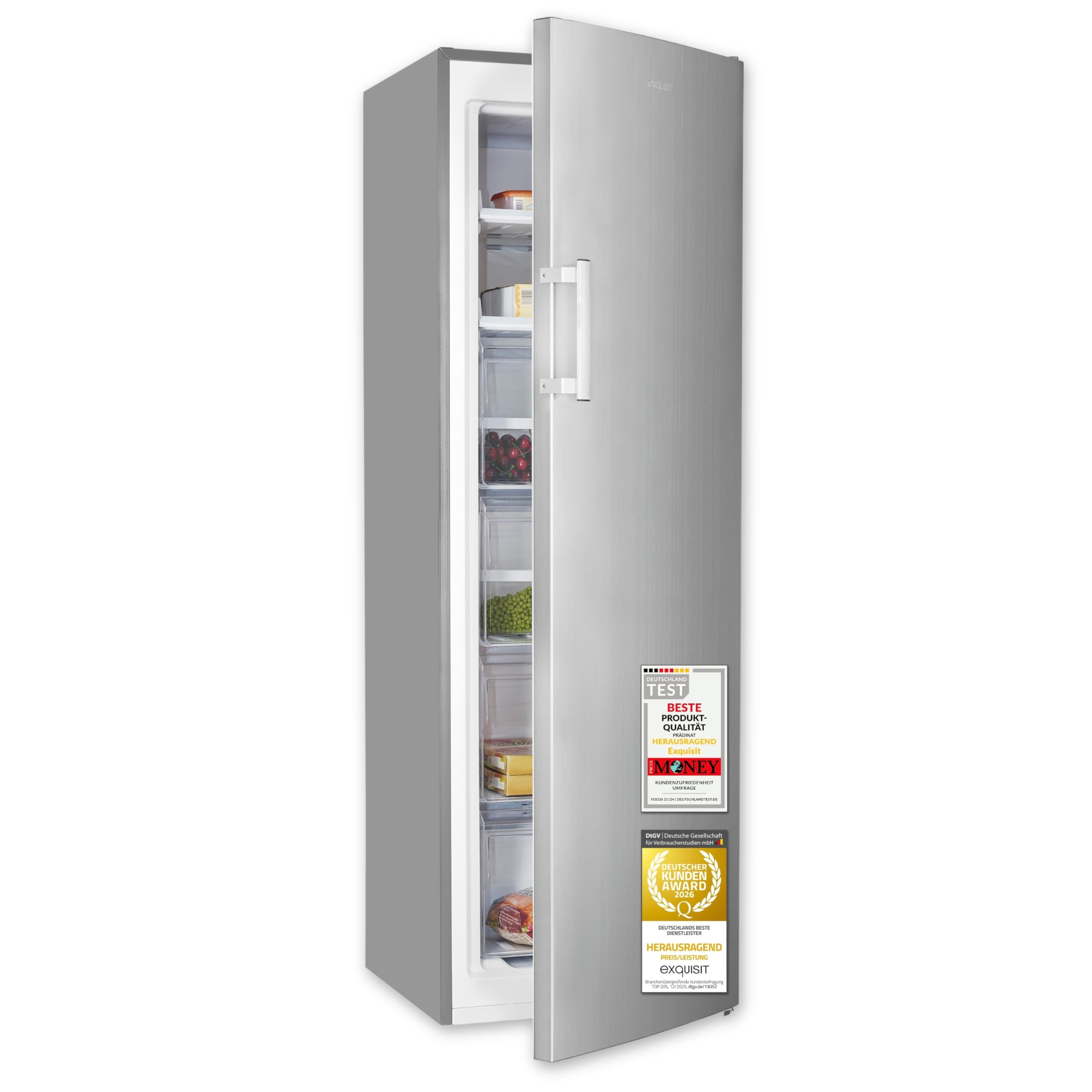Exquisit GS5271-NF-H-040E Gefrierschrank - No Frost - 204 l - Inoxlook | Energieklasse E - 5 Schubladen - Schnellgefrieren - Digitale Anzeige