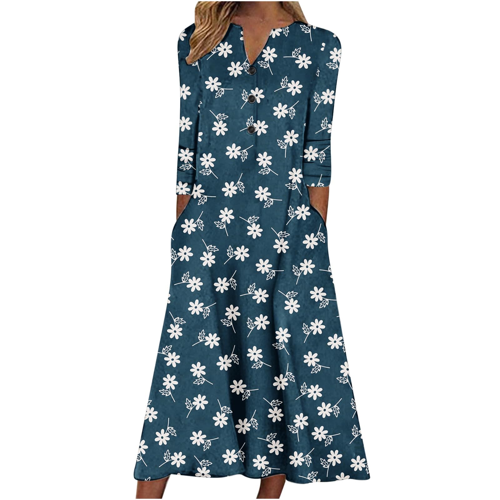 PejockWomen's 2023 Casual Dresses Long Sleeve Smocked Crew Neck Midi Dress Floral Printed Flowy Tunics Dress with Pocket