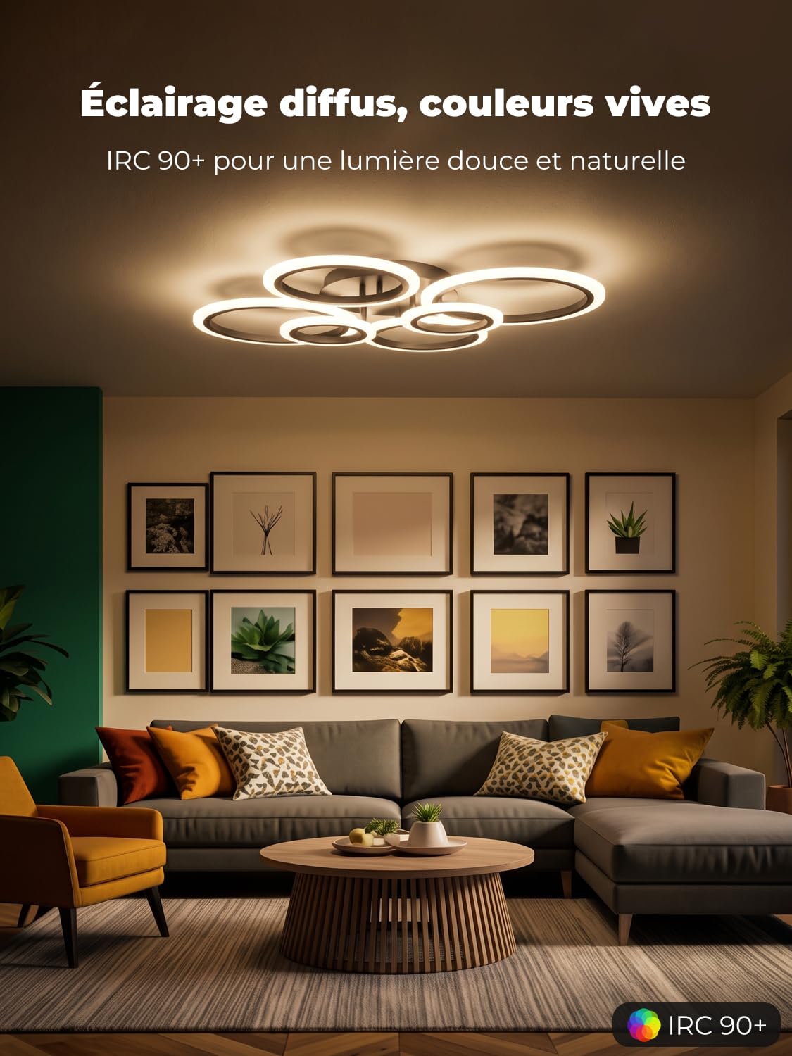 Luminaire Plafonnier Led avec Télécommande & APP, Éclairage de plafond avec 6 Anneaux, Dimmable, Fonction Mémoire de Lumière, avec Minuterie, Lustre Moderne Salon Salle Chambre Bureau, Noir