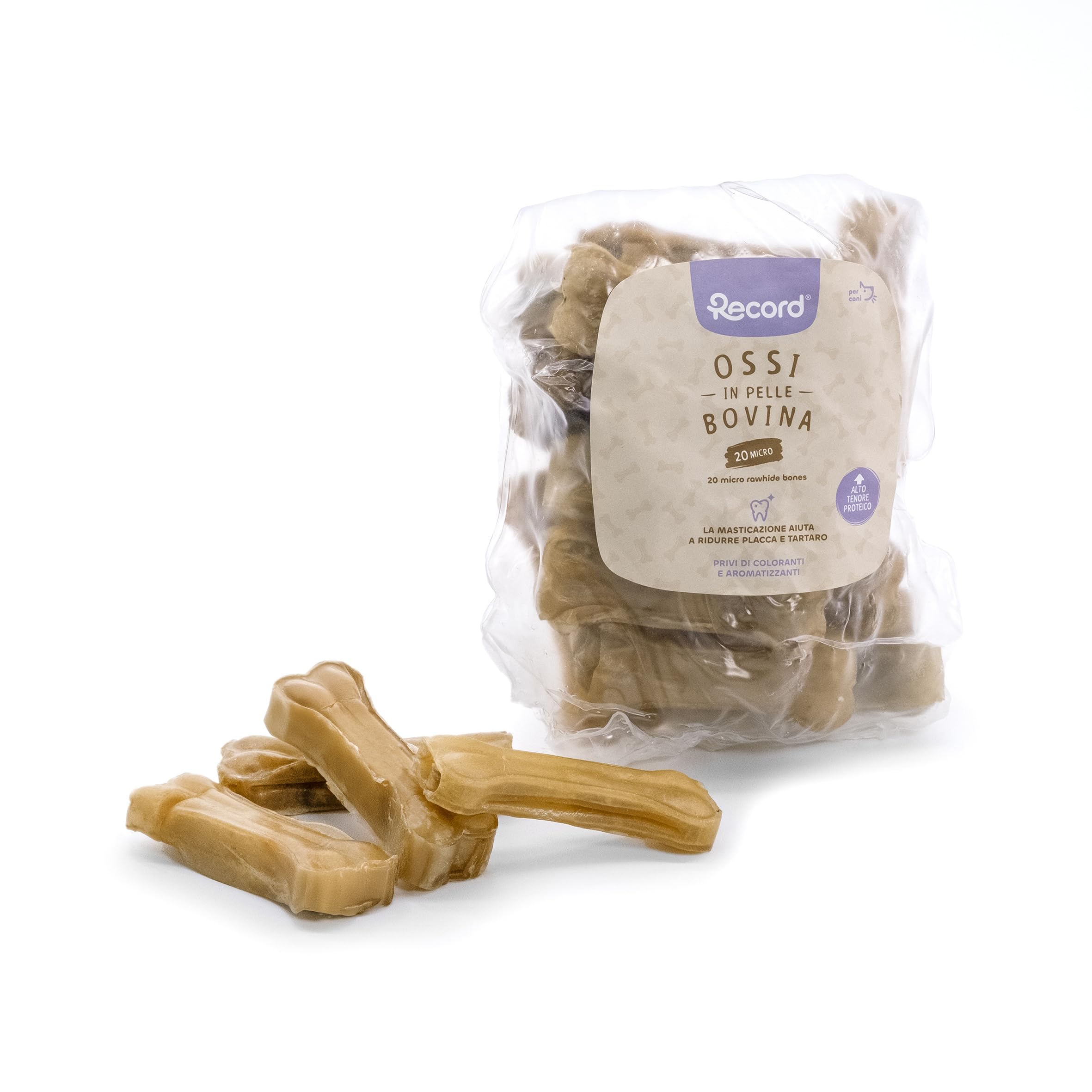 Snack per Cani in Pelle Bovina 20 Ossi Termoretratti da 8 cm Masticativi Naturali