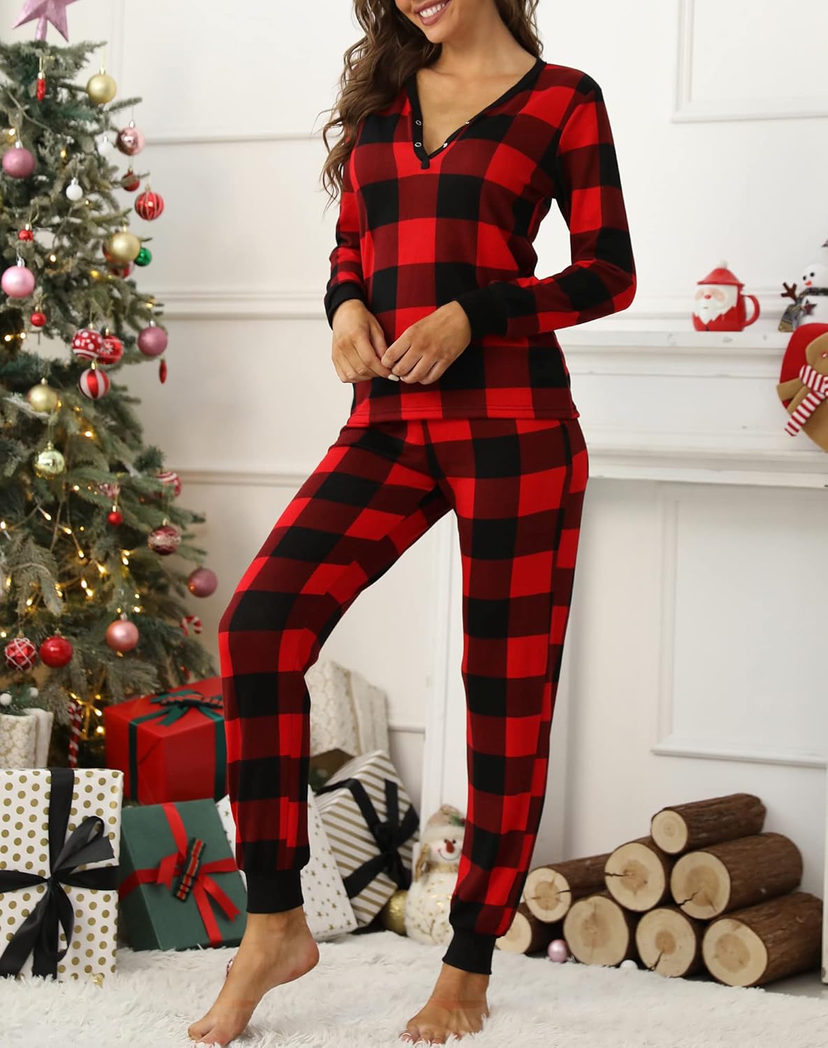 Smile Fish Womens Red Plaid Pajama Sets Henley Neck Buffalo Comfy Loungewear Sets - Image 5