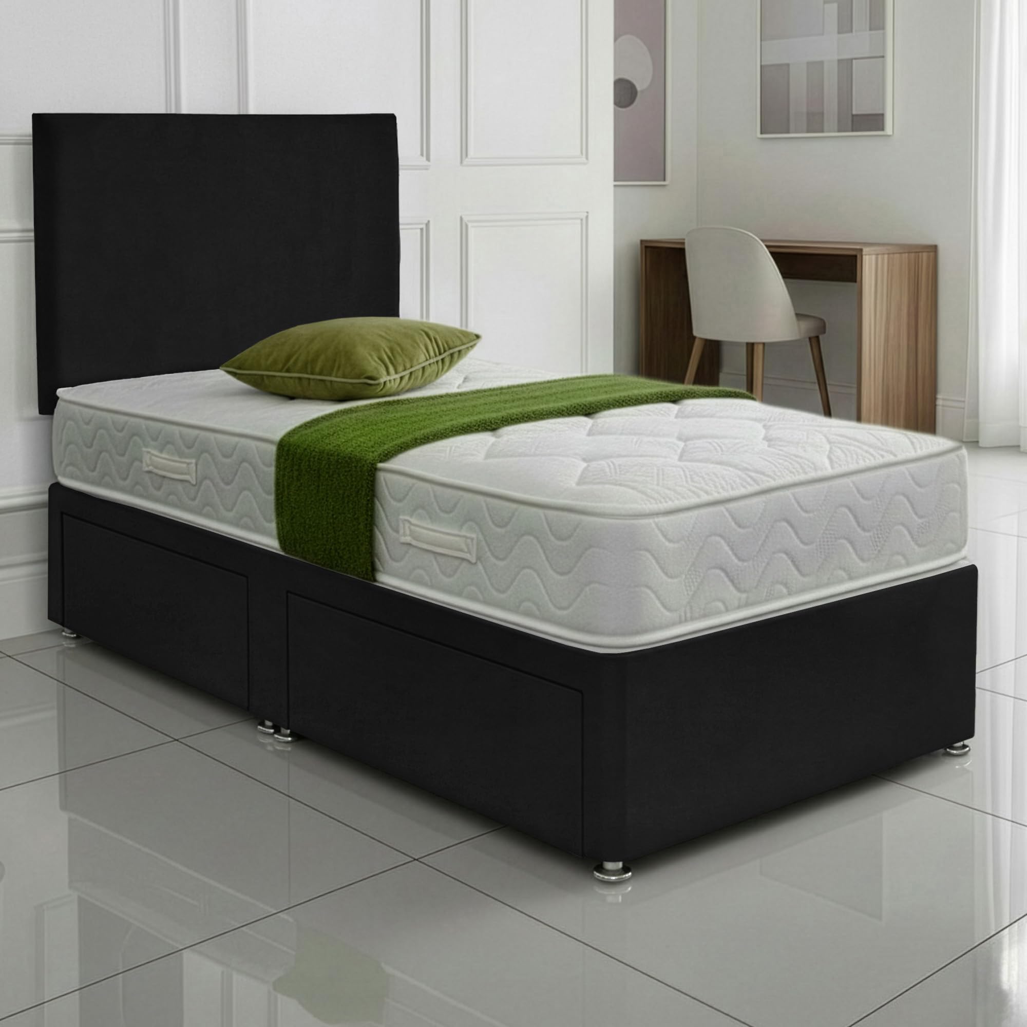 SANA SLEEP Sleek 2FT6 small single Bed with Pocket Sprung Mattress & 2 Drawers | Compact Bedroom Set | Sturdy Frame for Comfort | Chic Divan Design | Modern Spaces Furniture (Black Plush)