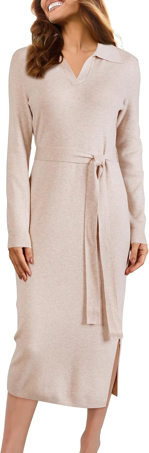 Arach&Cloz Women's Wool Blend Side Slit Polo Sweater Dresses 2025 Fall Business Casual Outfits