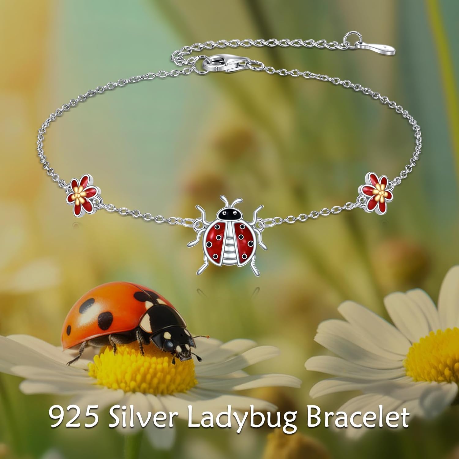 TIGER RIDER Ladybug Bracelet Sterling Silver Red Ladybug Anklet Adjustable Bracelet Ladybug Jewelry Birthday Present for Women Wife - Image 6