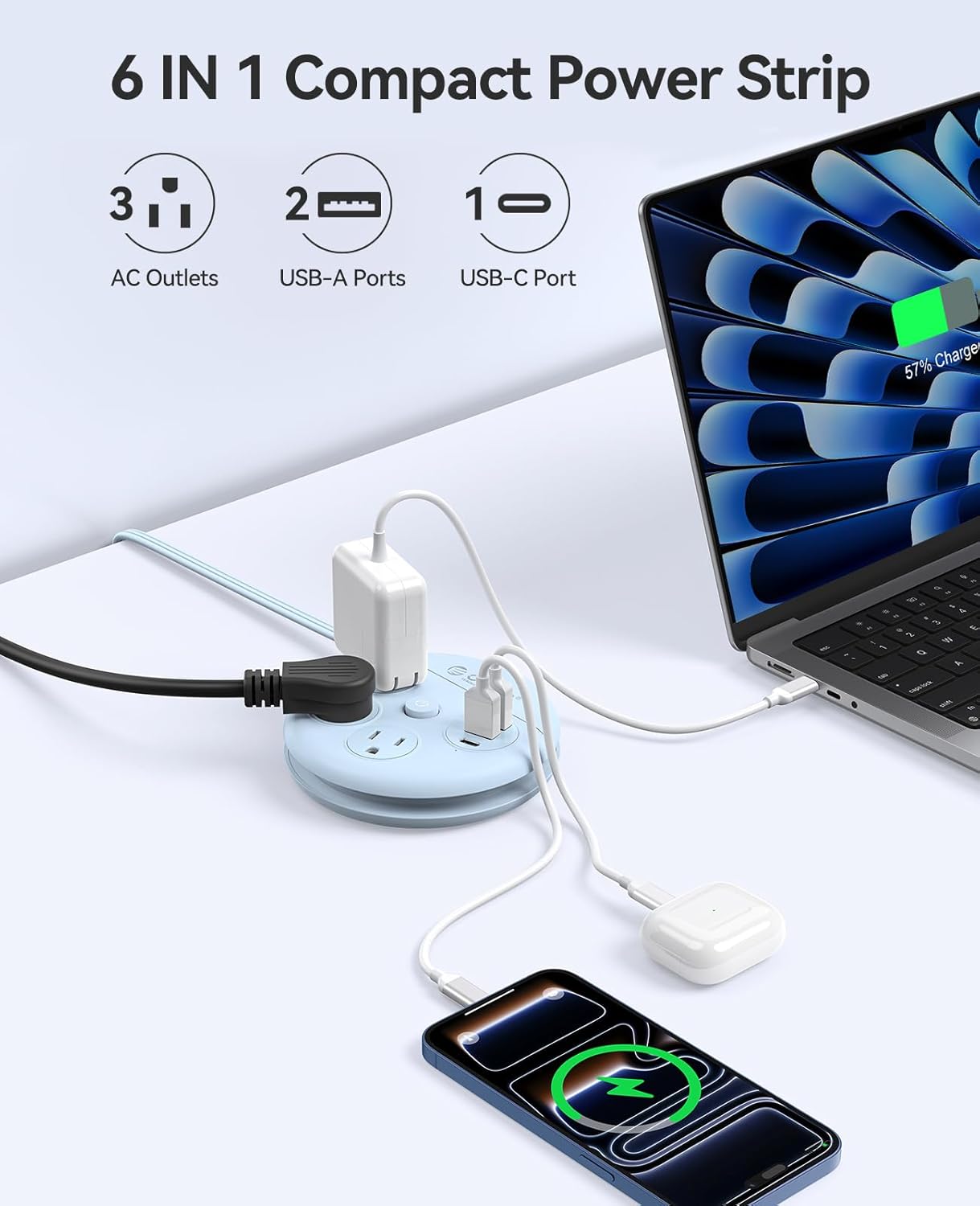 ORICO Travel Power Strip, 4Ft Flat Plug Extension Cord with 3 AC Outlets and 2 USB-A and 1 USB-C Charging Ports, Non-Surge Protector, Travel Essential for Cruise/Home/Office, Blue-OR