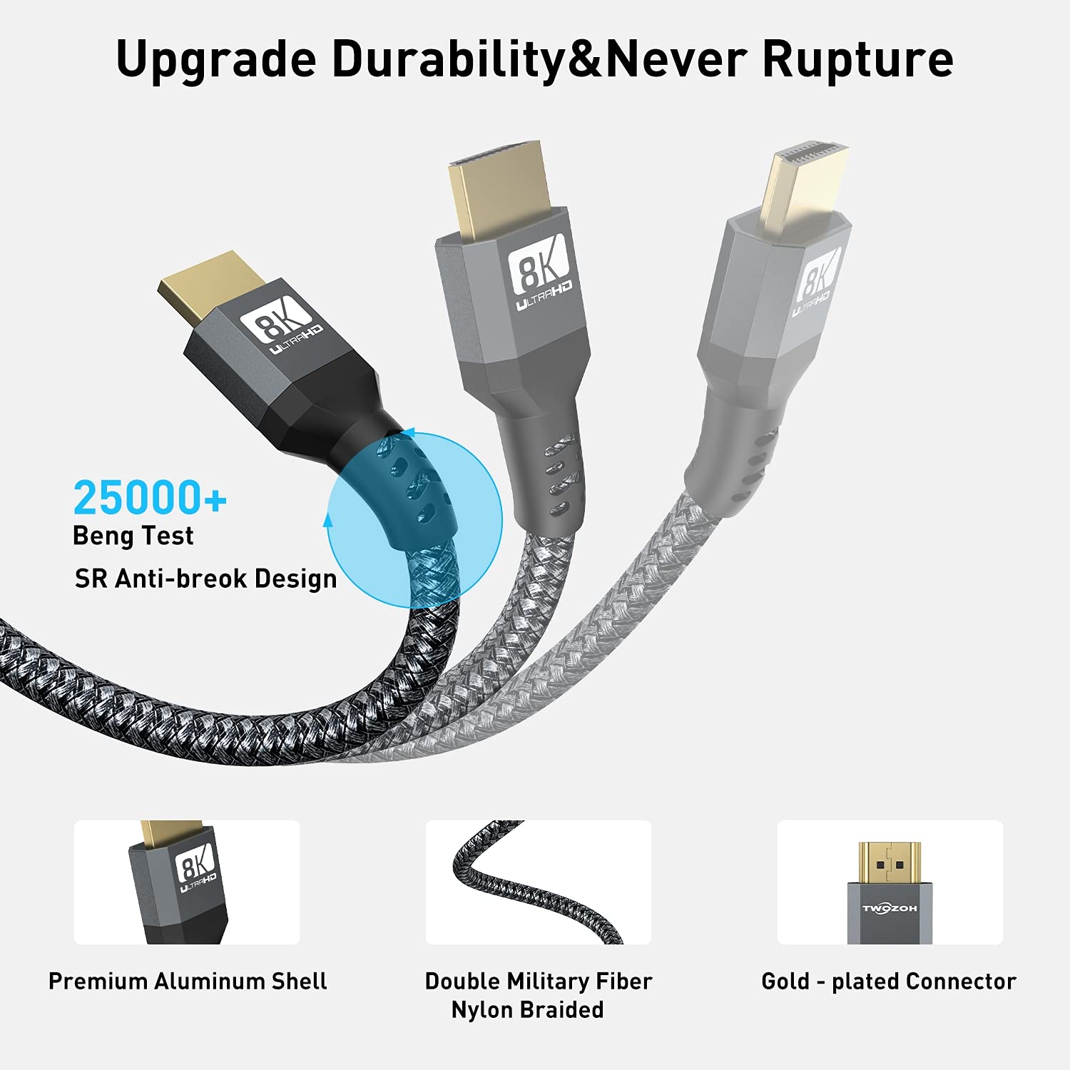 Twozoh Câble HDMI 8K 2M, Certifié 48Gbps Haute Vitesse Câble HDMI 2.1 8K@60Hz 4K@120Hz, Supporte 3D eARC HDR pour Apple TV, Roku, Fire TV, Nintendo Switch, PlayStation, PS5, Xbox One, Monitor, PC