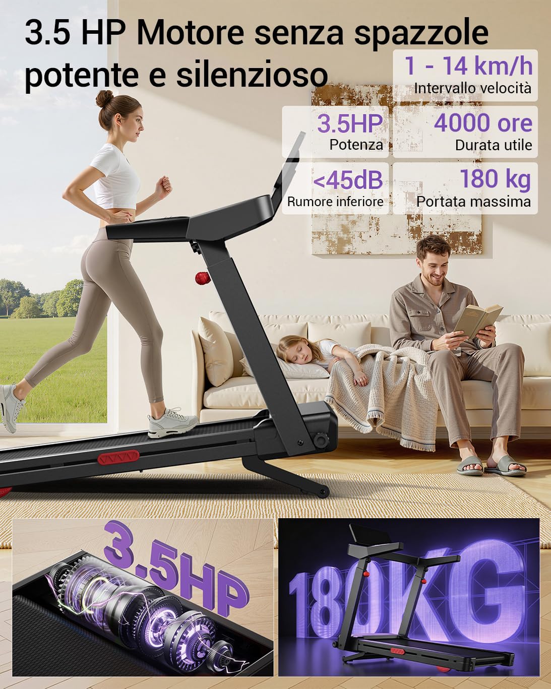 UMAY Tapis Roulant con Inclinazione 20% Automatica, Carico Massimo 180 KG | 14KM/H Tapis Roulant Elettrico con Console Regolabile su 4 Livelli, 3,5 HP Tapirulan Pieghevole