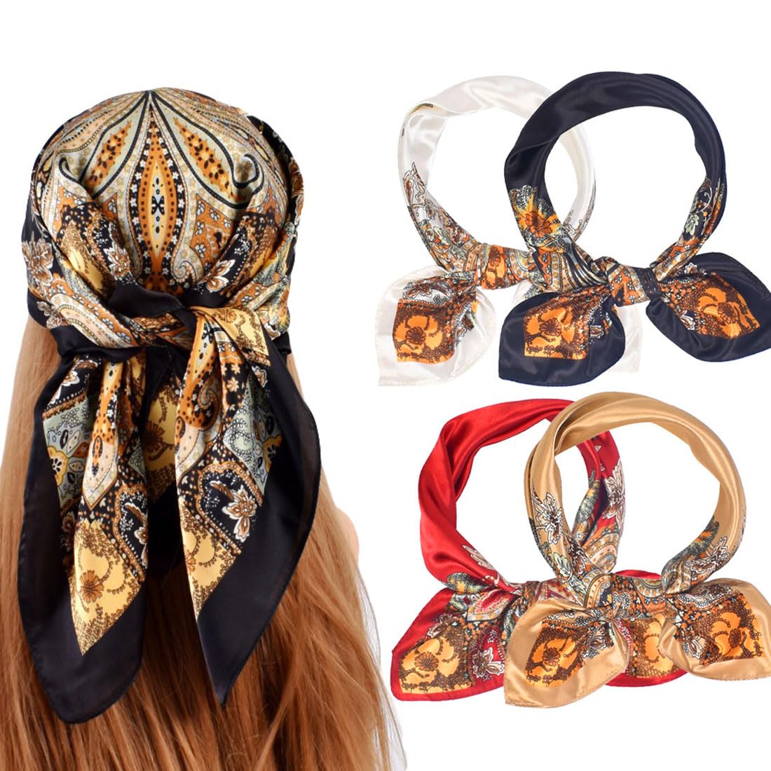 Lot De 4 Foulards En Satin 60x60cm - Bandanas élégants Pour Cheveux Femme - Accessoire Polyvalent Style Bohème