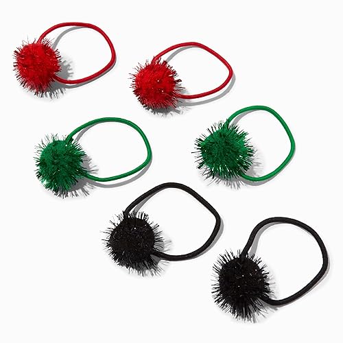 Claire's Lazos para el cabello con pompones brillantes de Navidad, rojo, verde y negro, paquete de 6