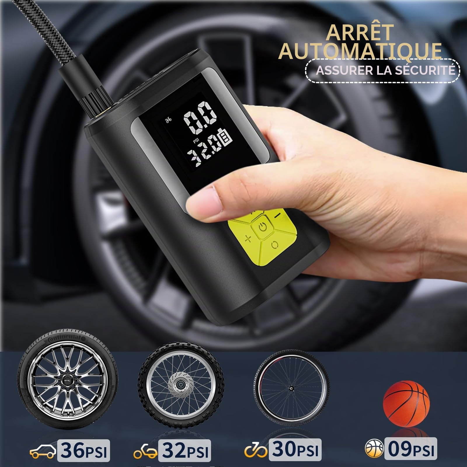 6000mAh Mini Pompe à Air Électrique，Compresseur à Air Portatif Gonfleur Pneus sans Fil 150PSI avec écran LCD Numérique，Pompe à air Rechargeable pour Voiture, Vélo, Moto, Scoote, Balle