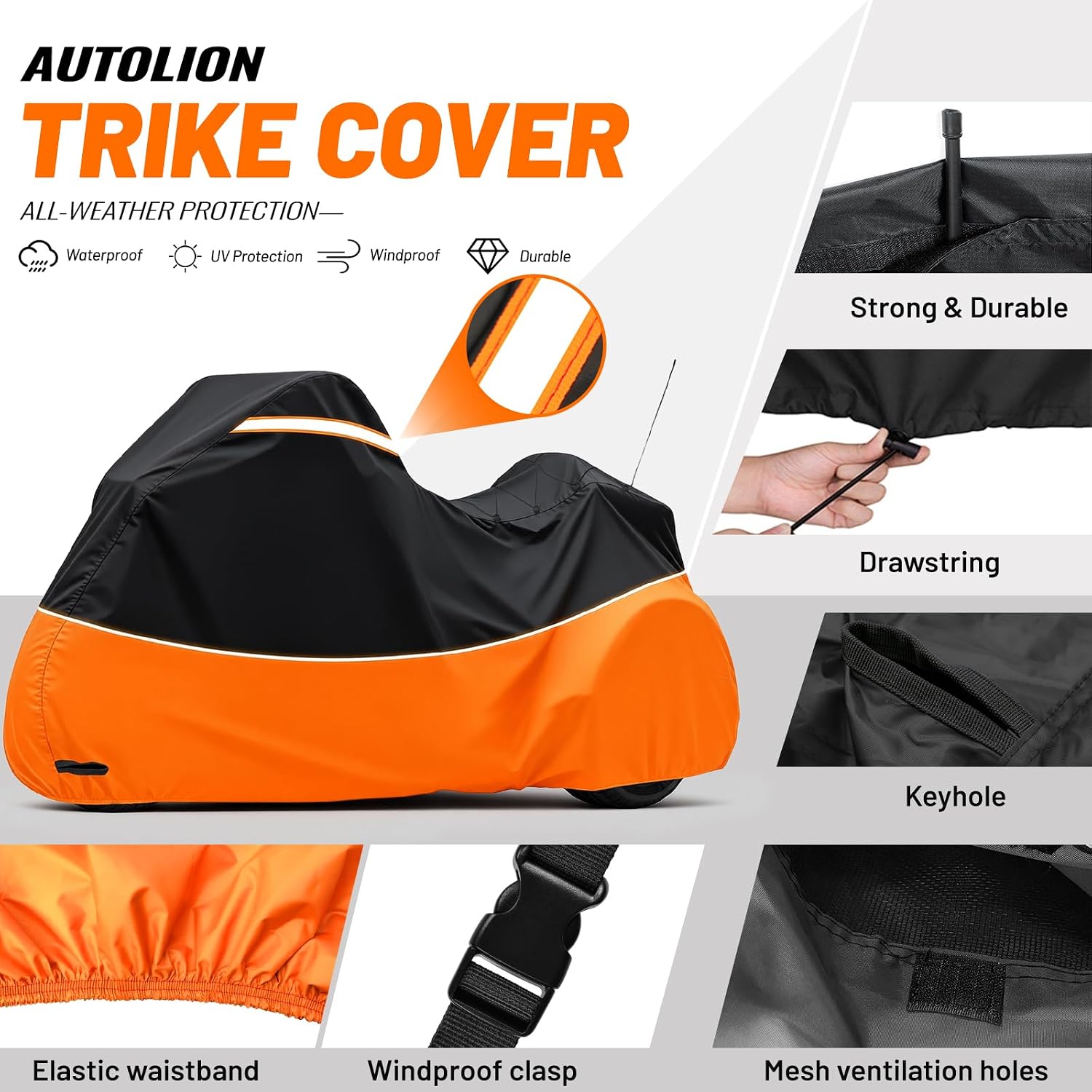 Trike Cover,Waterproof 3 Wheel Motorcycle Cover for Harley Tri Glide,Honda Goldwing Trike,Kawasaki Voyager Trike Accessories,with Adjustable Windproof Buckle,Night Reflective Strips,Black & Orange image 2