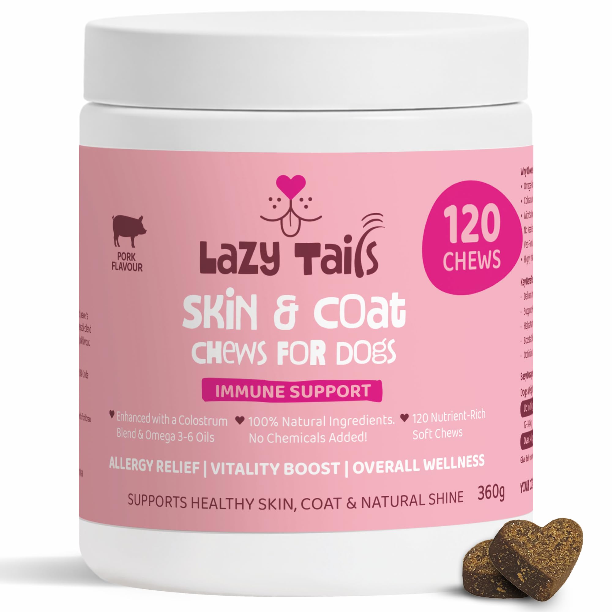 LAZY TAILS Skin & Coat Dogs Itchy Skin Chews for Dogs – 120 Soft Dog Chews – Helps Maintain Healthy Coat, Shine & Overall Skin Wellness – Natural Pork Flavor – Dog Treats for All Breeds & Sizes