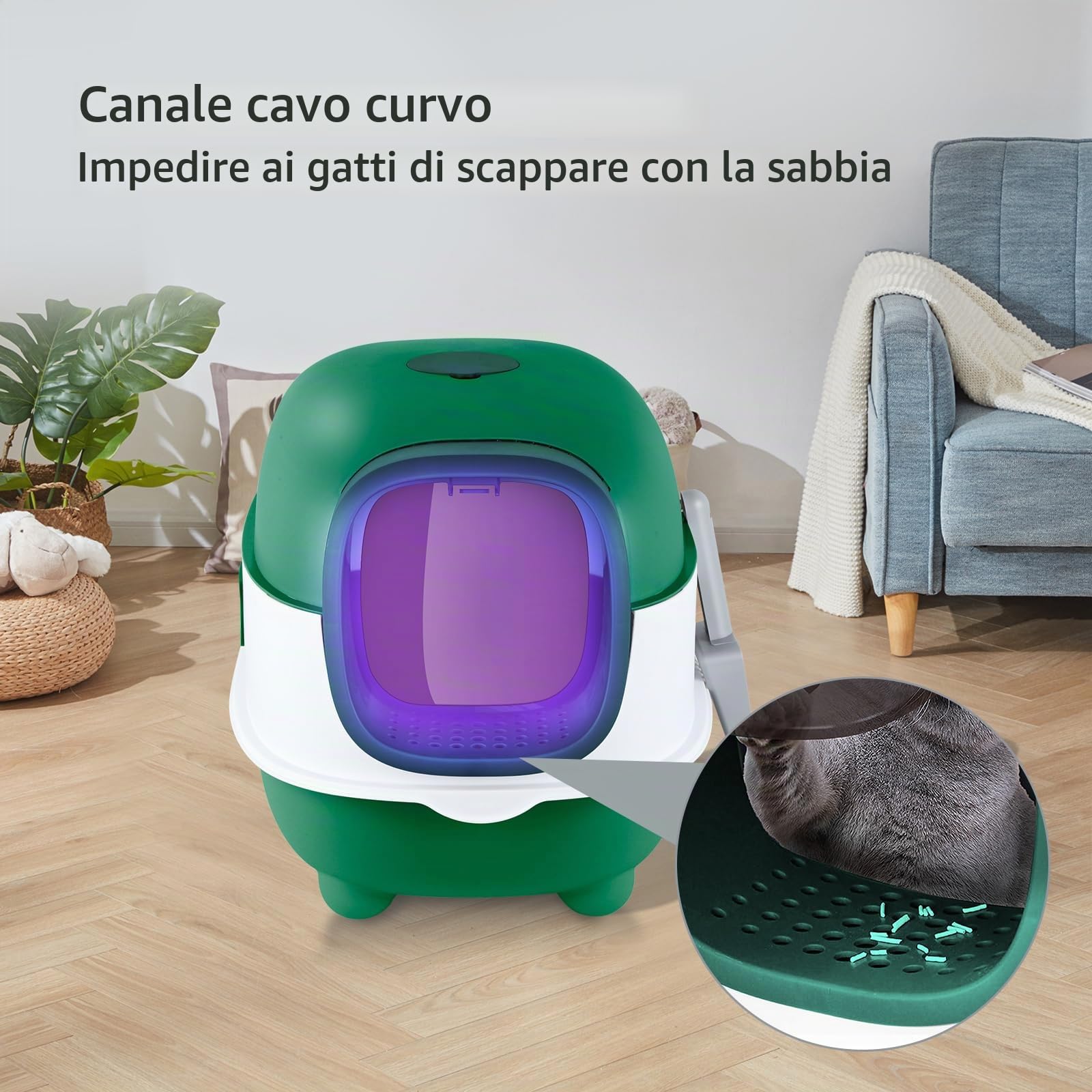 Lettiera per gatti autopulente/lettiera autopulente/casa di toilette per gatto/con confezione deodorante (Top)/ lettiera sterilizzata a raggi ultravioletti (A, verde)