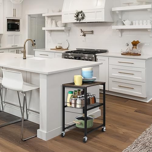 Miniatura 6 de MOOACE Mesa auxiliar rústica de 3 niveles con ruedas mesa auxiliar estante de almacenamiento para dormitorio cocina sala de estar y oficina marco de