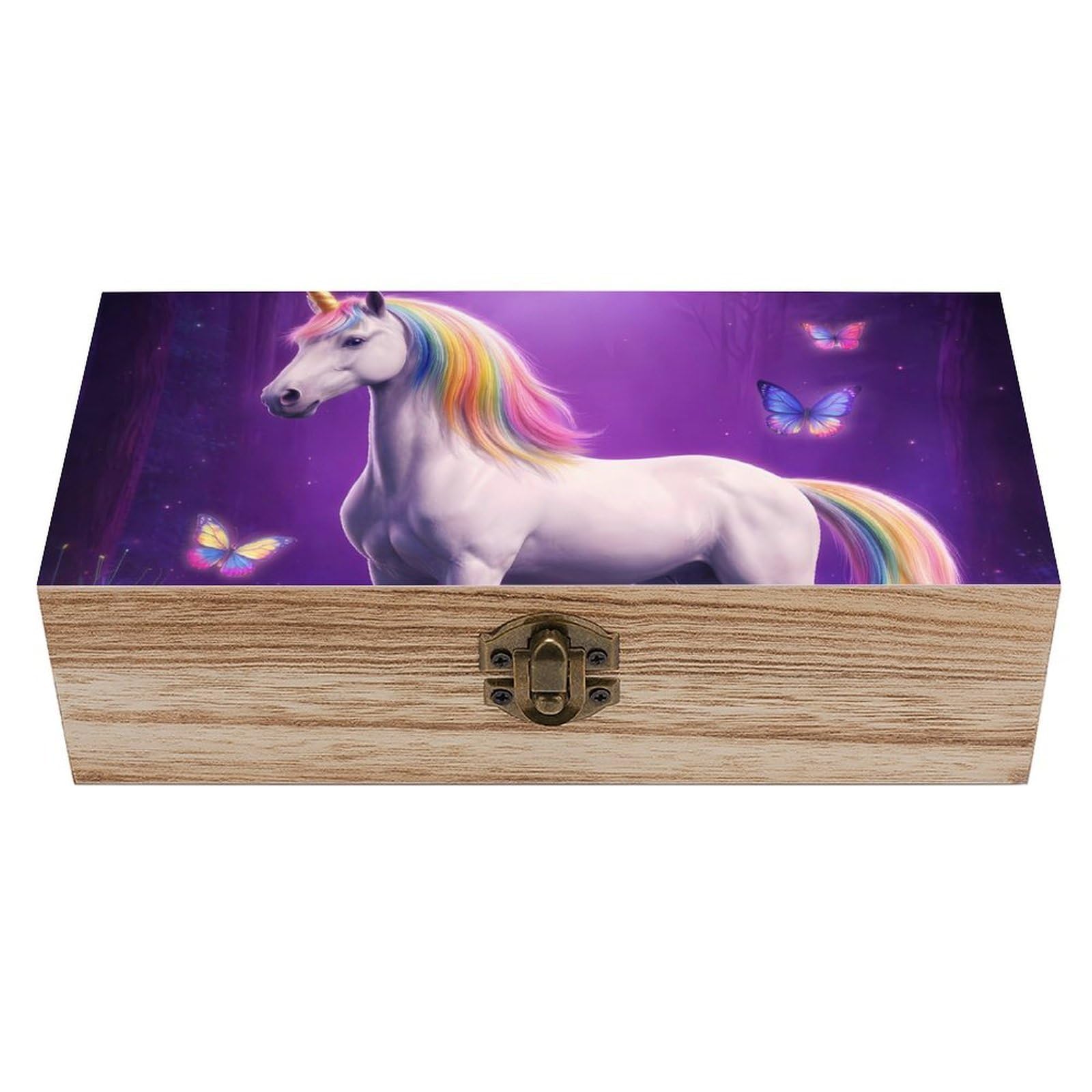 SMAZDFXX Unicorns Butterfly Art Wooden Storage Box With Hinged Lid Decorative Front Clasp Keepsake Boxes