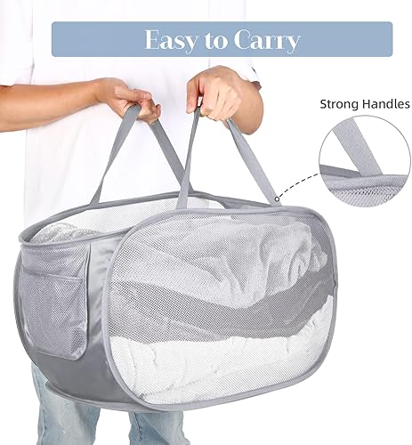 Miniatura 4 de Paquete de 2 cestas de lavandería plegables, duraderas, resistentes al desgarro, con asas de transporte reforzadas con bolsillo lateral