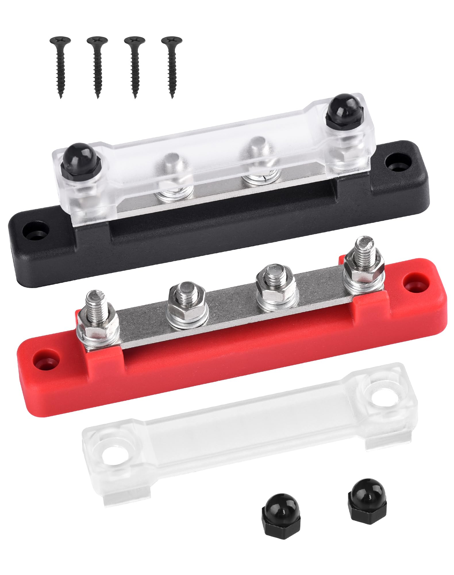 2 sztuki szyn zbiorczych 12 V-48 V DC 150 A, szyny zbiorcze, blok rozdzielczy z 4 x bolcami zaciskowymi M6 12 V, blok rozdzielczy zasilania z pokrywą, rozdzielacz 12 V, do samochodów RV, ciężarówek,