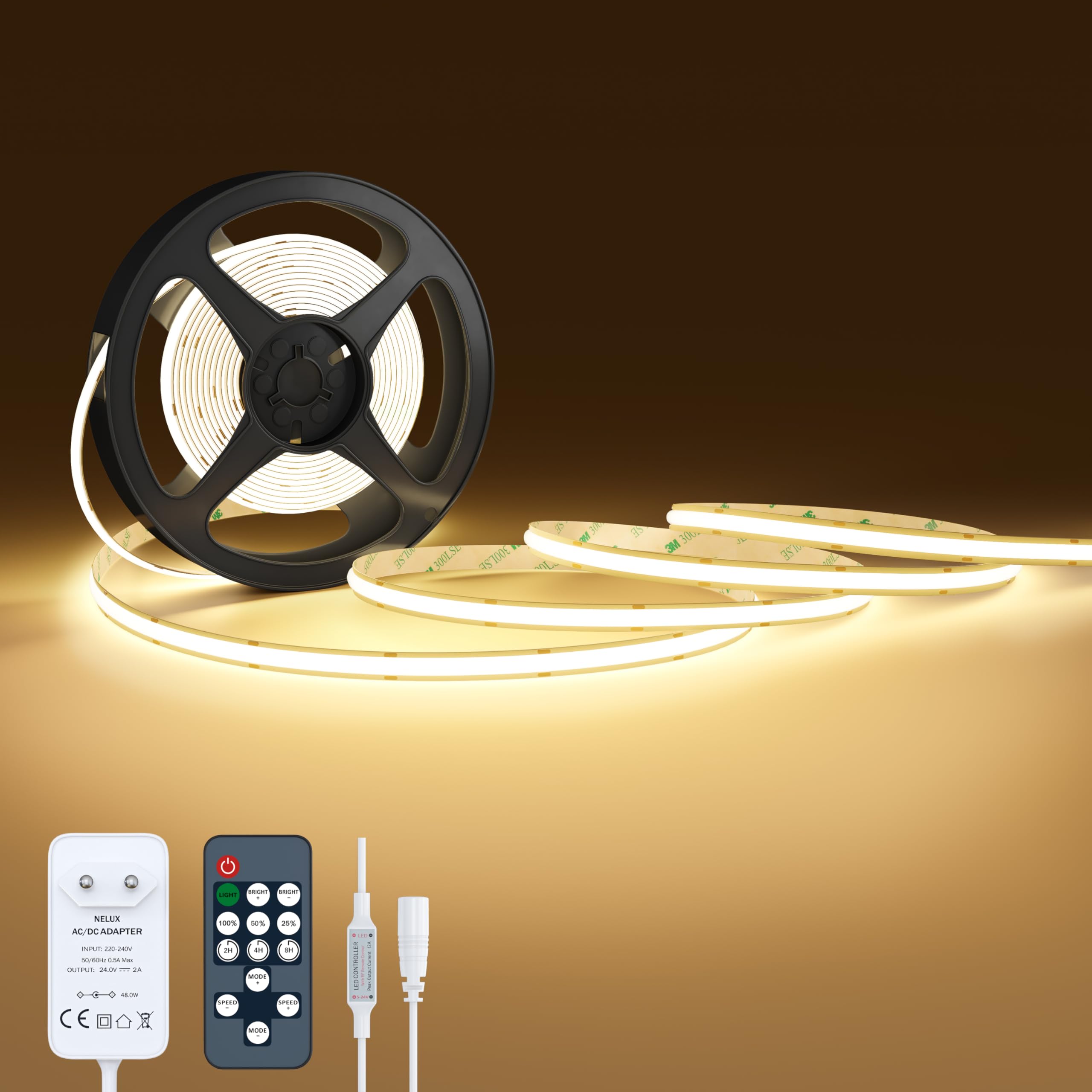 NELUX Striscia LED COB 2 Metri Bianco Caldo, Luci LED Strisce Sottopensile Cucina, Camera e TV Light Strip. Luce Interne Adesive Dimmerabili, 480LED/m, 2700K. Include Telecomando, Trasformatore 24V