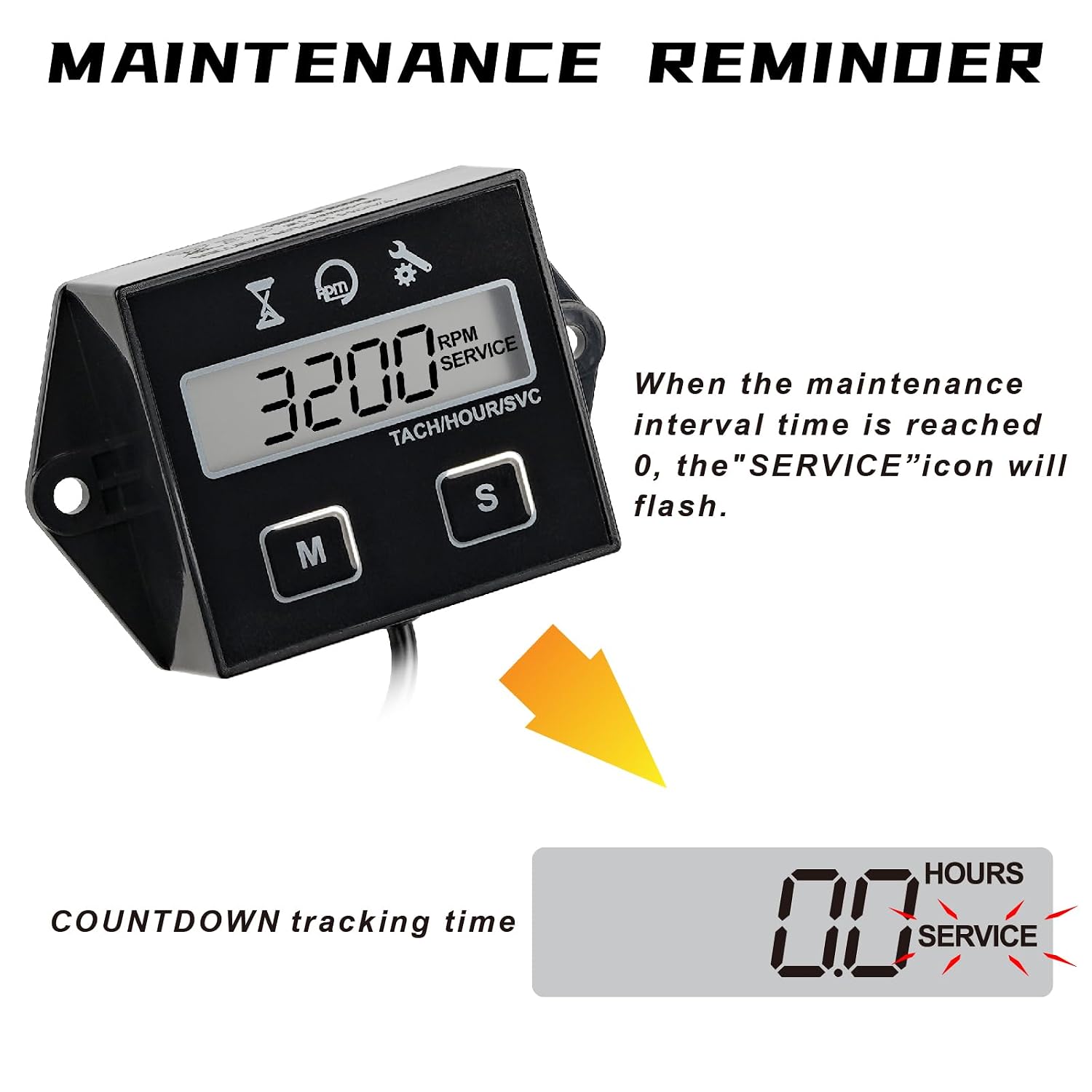 Digital Hour Meter Tachometer, Maintenance Reminder for Lawn Mower Tractor | IP65 splash resistant, 3.15x1.56x0.79 in, 0-20000 RPM, 2/4-stroke, lawn mower, tractor, generator, snowblower, chainsaw
