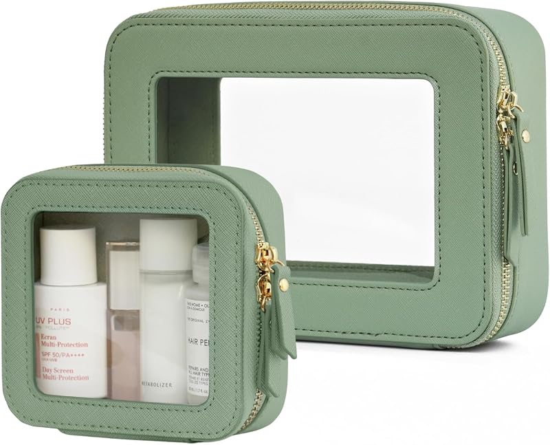 Popvibe Necessaire de maquiagem transparente com zíper, conjunto com 2, mini e média, verde sálvia