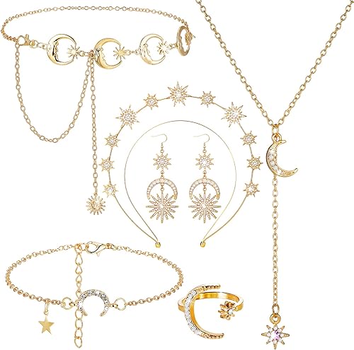 Glenmal 6 piezas de diadema celestial con corona, luna y estrella, aretes, cinturón y tiara de joyería para novia, boda, accesorio de disfraz de