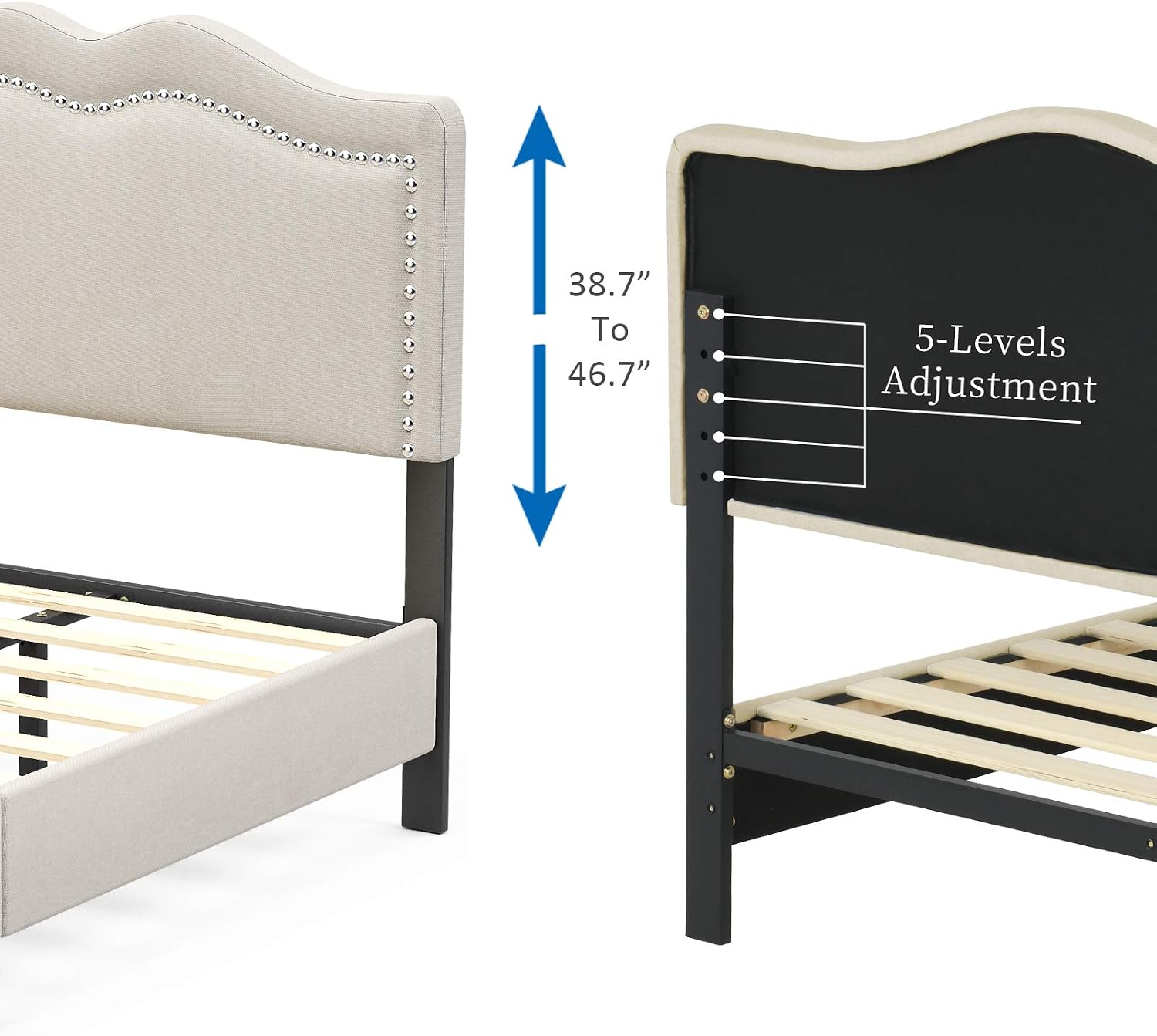 mecor Upholstered Linen Twin XL Platform Bed Frame - Adjustable Height Curved Fabric Headboard - Nailhead Trim Design - No Box Spring Required - Beige, Twin XL