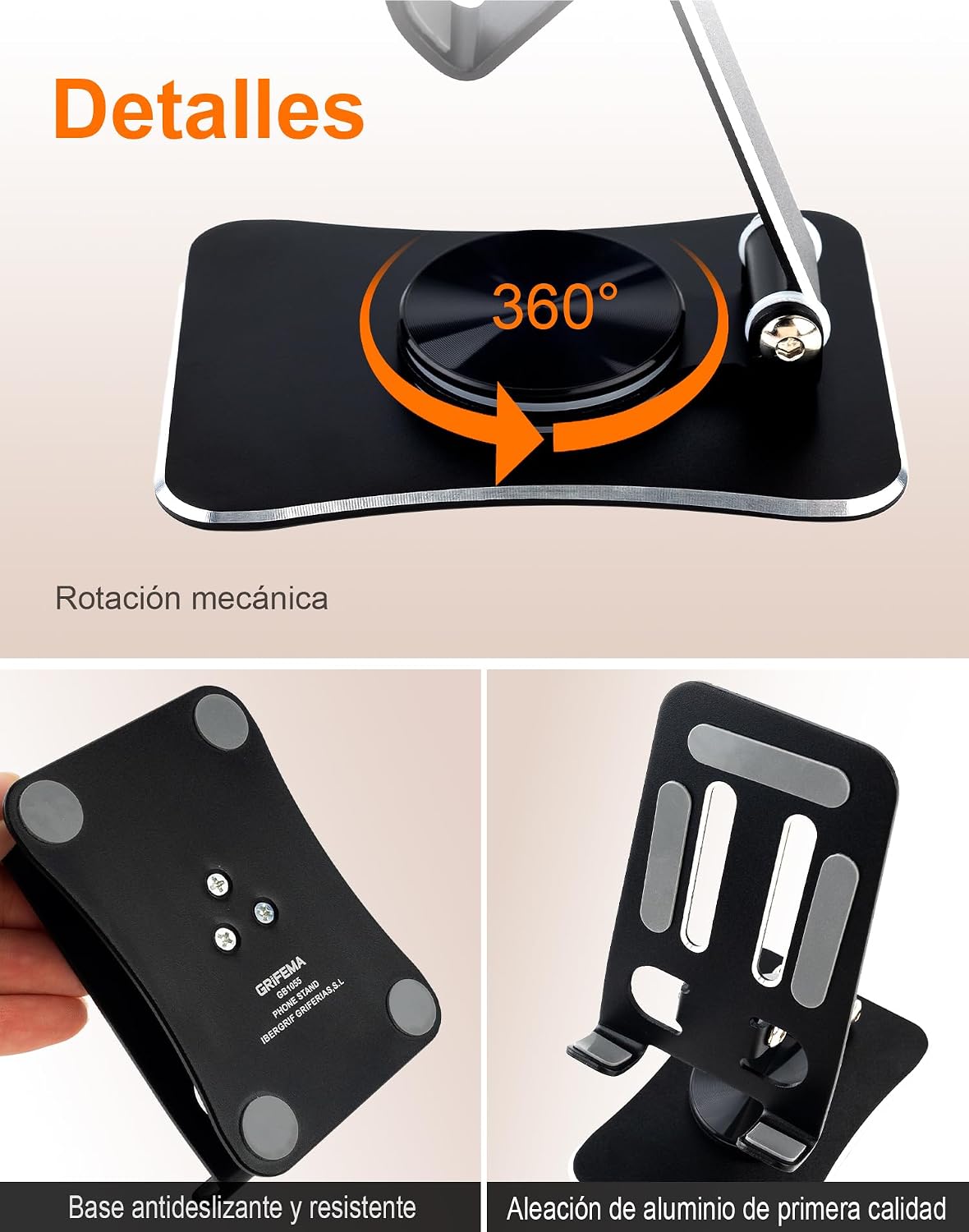 GRIFEMA GB1055 Soporte Móvil de Escritorio Plegable, 360° Giratorio, Altura y Ángulo Ajustables, Soporte para Teléfono de Aleación de Aluminio, Compatible con iPhone, Samsung y Android 3,5–10,5″ 5