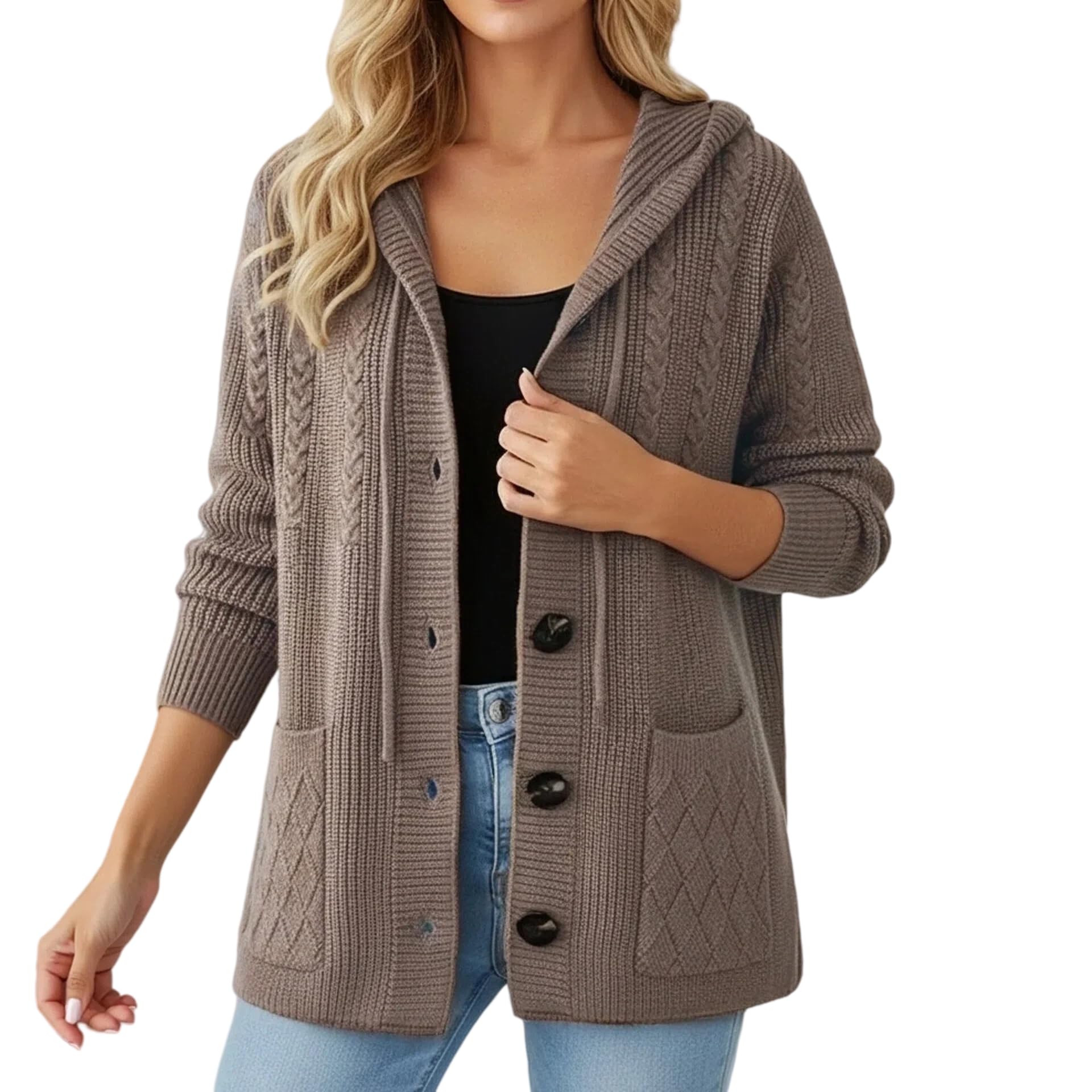 Gilet À Capuche Oversize en Maille Torsadée pour Femme Manches Longues Fermeture Boutonnée Pull en Grosse Maille Veste De Mi Saison pour L'Automne et l'hiver Tenue Décontractée