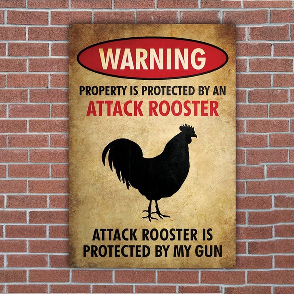 Targa In Metallo 'Warning This Property Is Protected By Highly Trained Chickens' - Vintage 20x30 Cm, Umoristica - 2