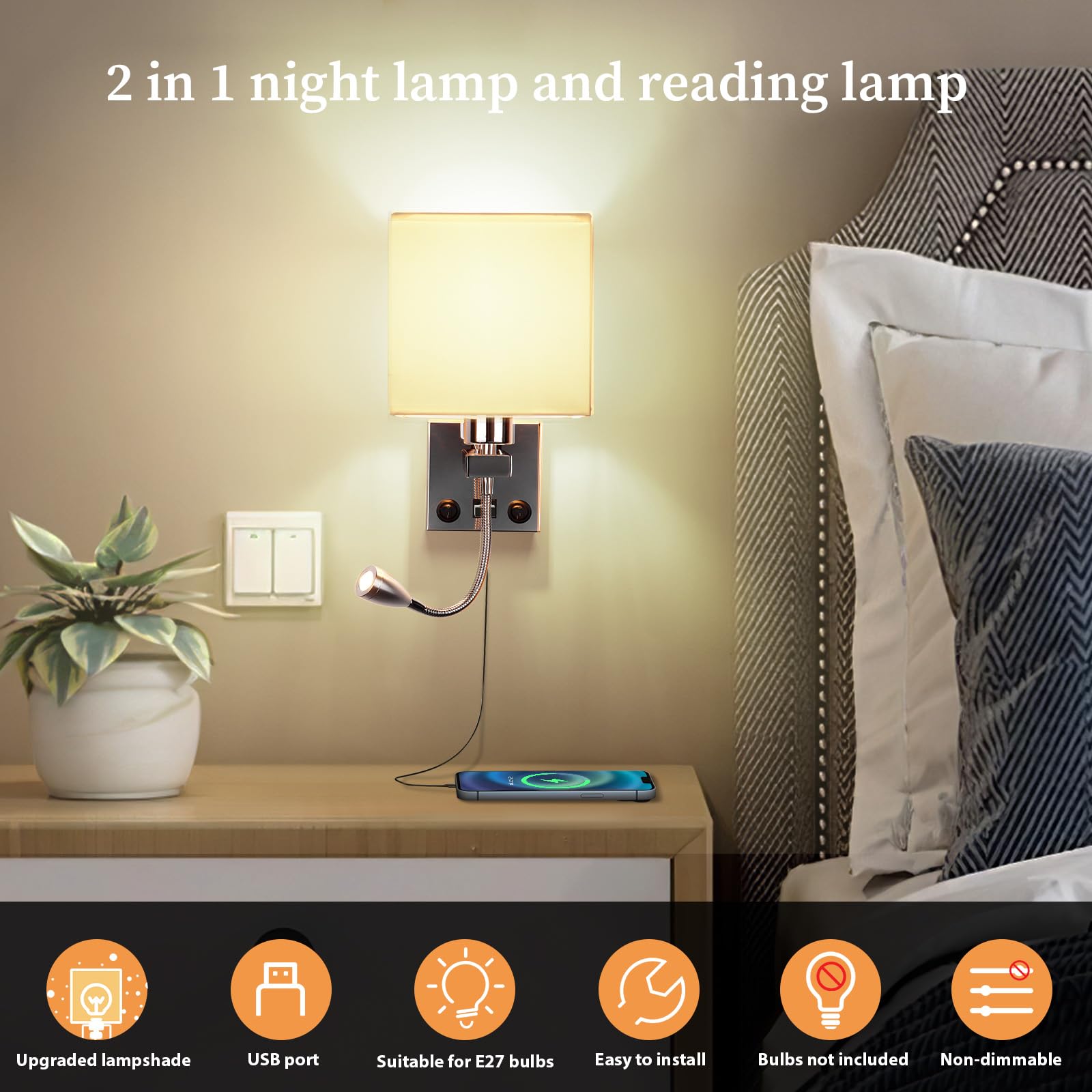 ALLOMN Applique da Comodino, Applique da Lettura a LED Applique Moderna Cromata Lucida con Faretto Orientabile a Collo di Cigno, Doppi Interruttori, Con porta USB da Caricare E27 (Con USB, 1 PCS)