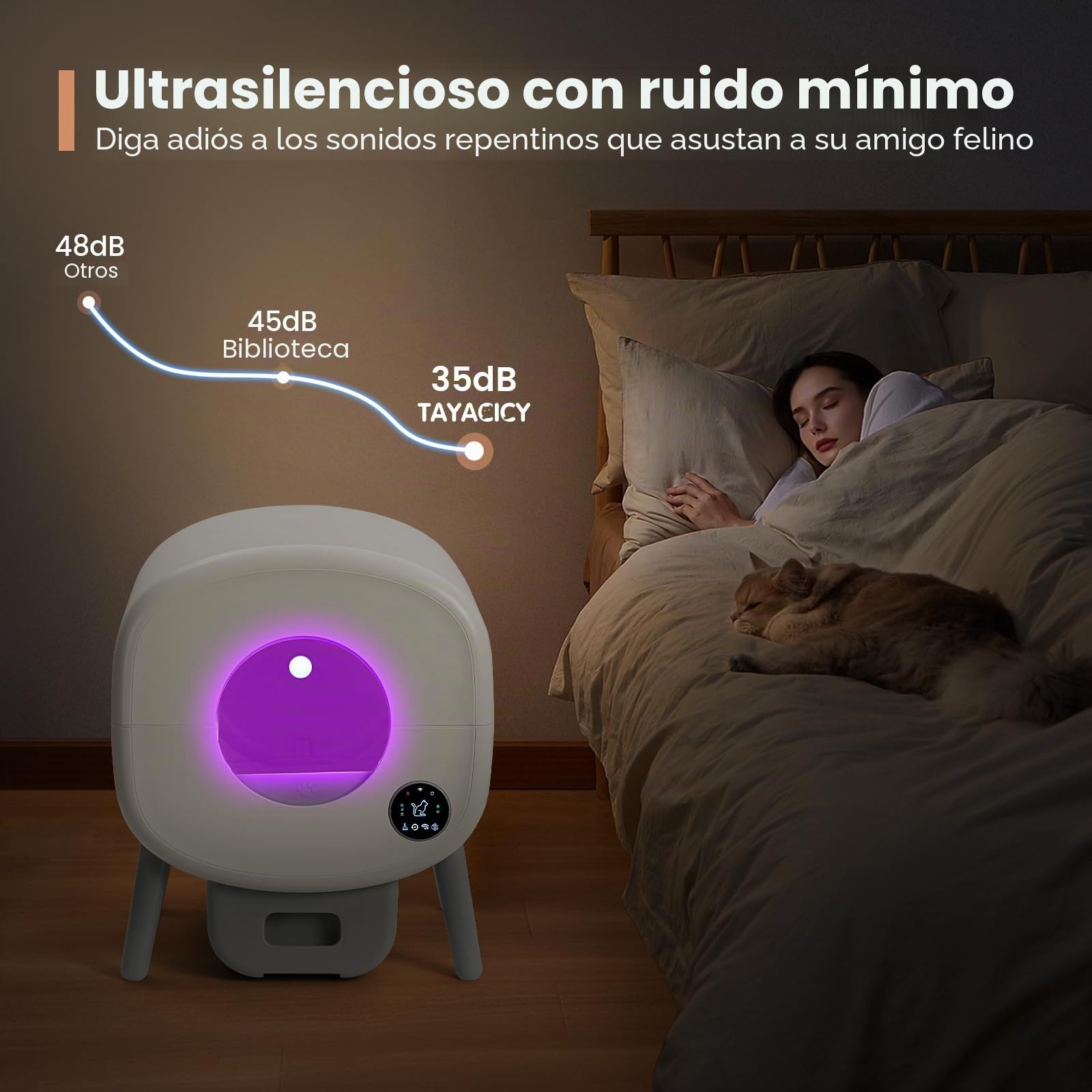 TAYACICY Caja de arena autolimpiable, caja de arena automática de gran capacidad para varios gatos con control de aplicación y protección de seguridad, 2 bolsas de arena enrollables, color blanco