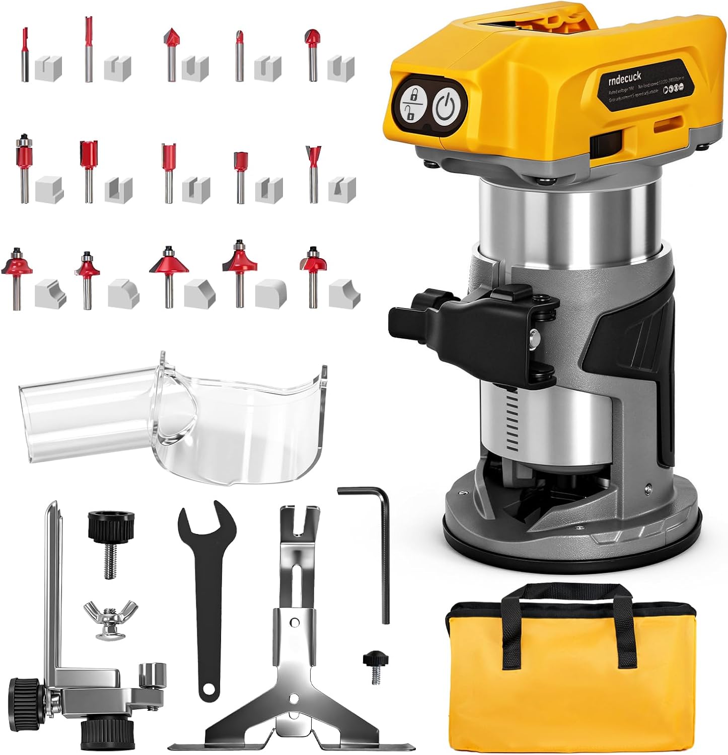 Brushless Router compatible with Dewalt 20V MAX Battery (No Battery), Cordless Wood Router for 800W 30000RPM, 6-Speed, with 15PCS Trim Router Bits, Edge/Roller Guide, Dust Hood, Ideal for Woodworking
