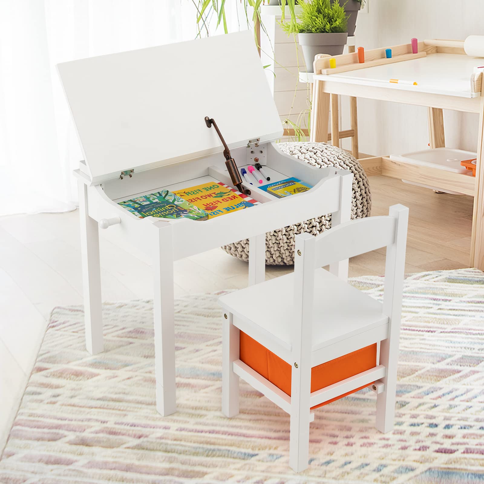 RELAX4LIFE Scrivania per Bambini in Legno con Sedia, Coperchio Apribile Contenitore, Cerniera, Gancio per Zaino e Scatola per Età 3+ Anni (Bianco)