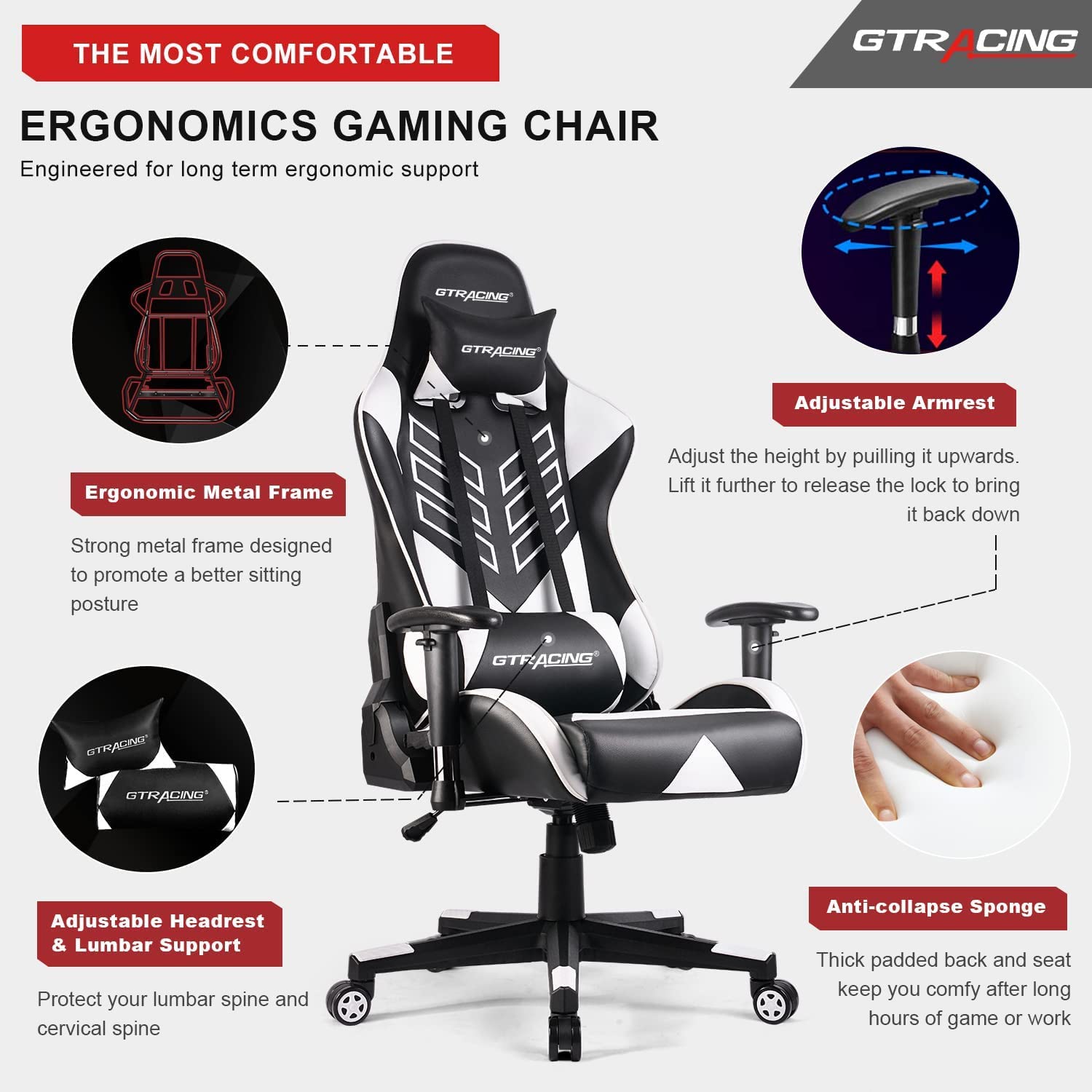 Buy GTRACING Gamer Chair White Gaming Chair Ergonomic Racing Chair Backrest and Seat Height