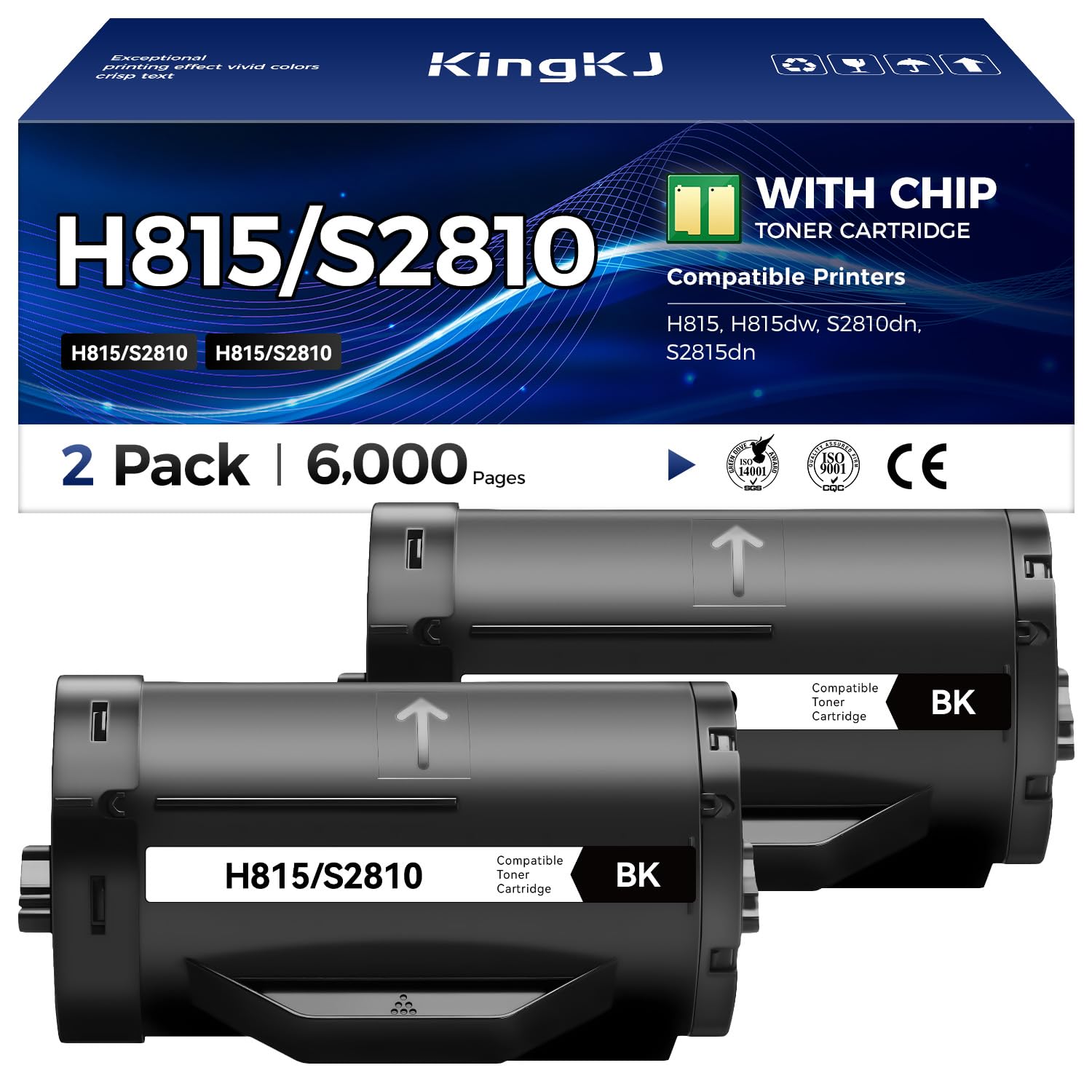 KingKJ H815 S2810 Black Toner Cartridge 2-Pack High Yield Replacement for Dell 593-BBMF 593-BBML Toner Cartridges Compatible with Dell H815 S2810dn H815dw S2815dn Laser Printer Ink All-in-One Copier