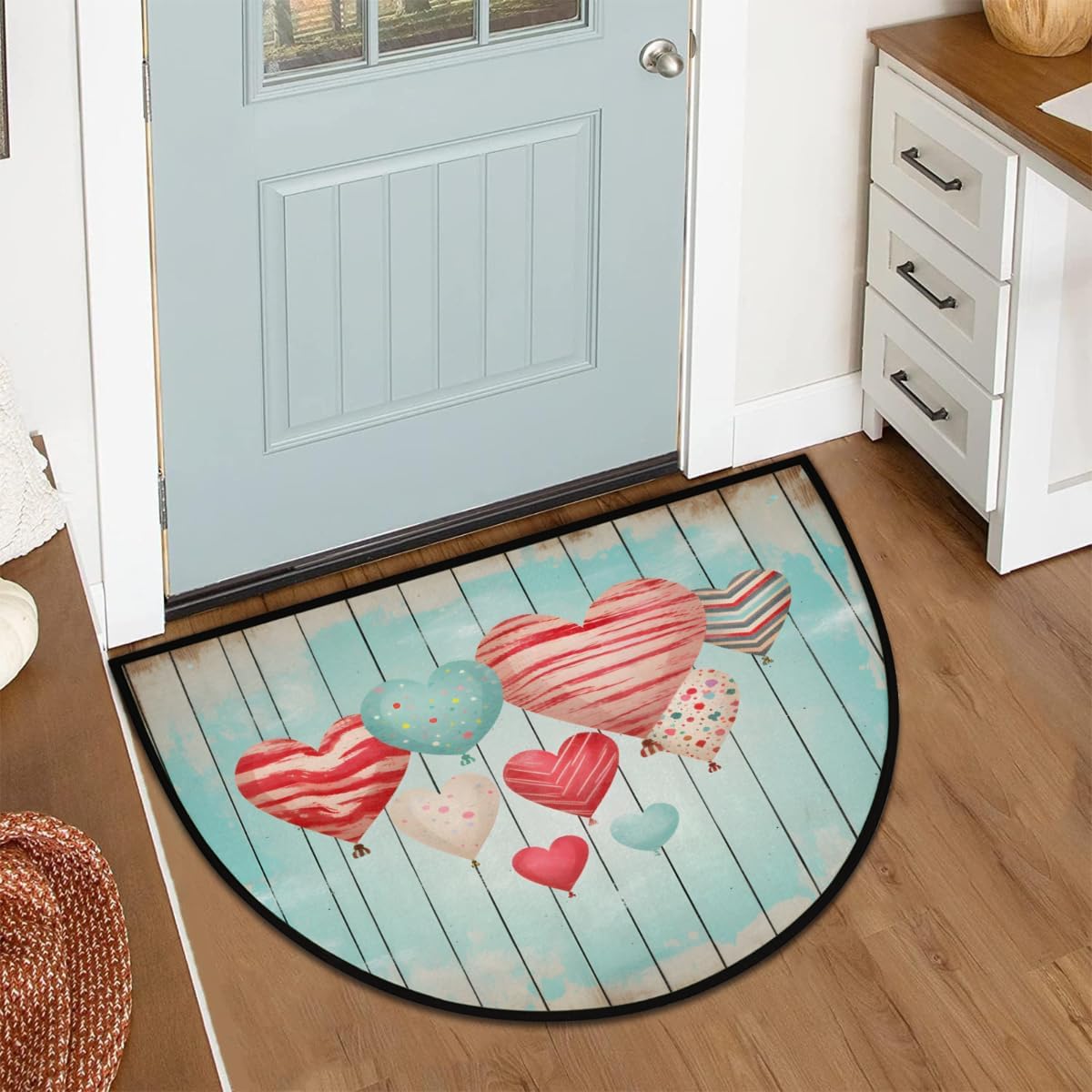 Valentine's Day Heart Balloon Half Round Door Mat Non-Slip Welcome Entryway Soft Area Rug Absorbent Bathroom Rugs Wear Resistant Indoor Kitchen Mats 24 x 36 in for Home Deck Patio Garage