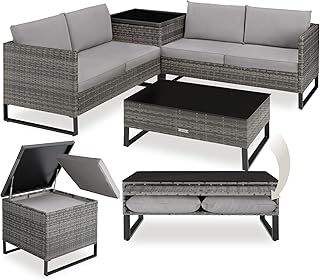 tectake® Poly Rattan Lounge Sitzgruppe 4 Personen, Gartenmöbel Set mit Sofa + Tisch mit Glasplatte, große Auflagenbox, Outdoor Kissen, 9 cm Polsterstärke, UV-beständig, wetterfest - grau-meliert/grau
