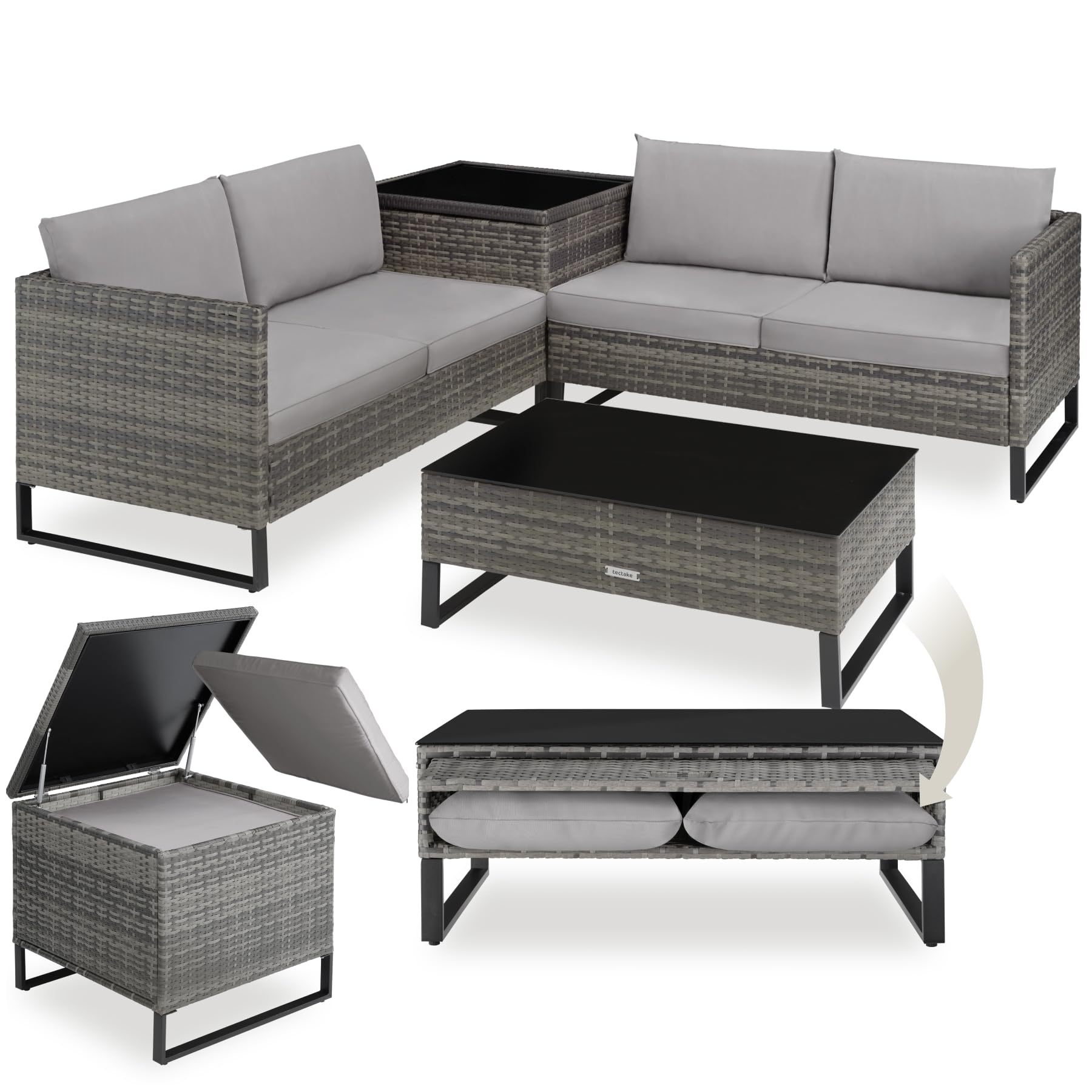 Salon de jardin en rotin modulable tectake avec table basse en verre et coussins confortables