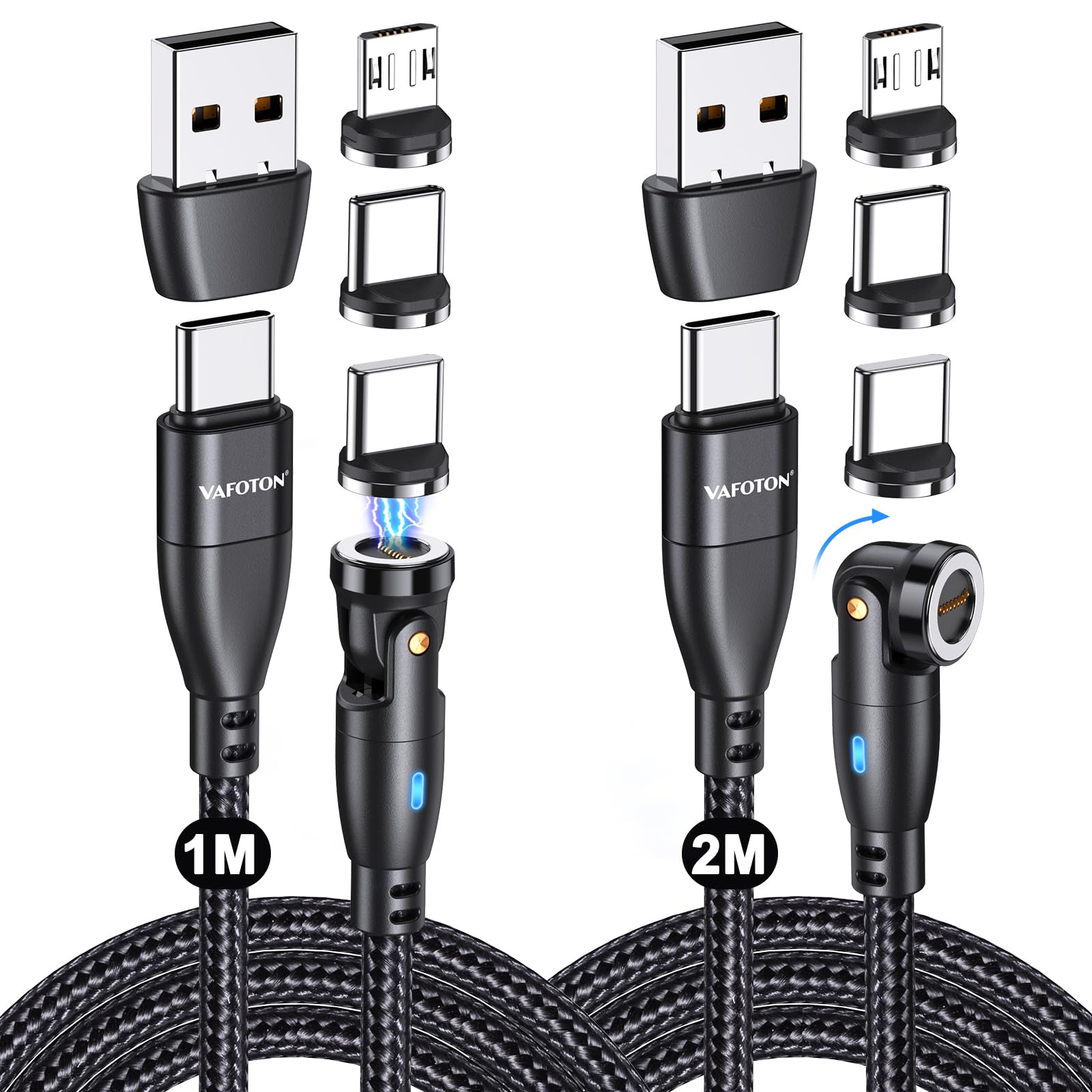 VAFOTON 9Pin 60W Caricabatterie Magnetico Tipo C, 540° Trasferimento Dati Ricarica Rapida 3A Cavo Magnetico[2Pcs, 2m/1m],6 in 1 Cavo da USB C/A a Typ C, Compatibile di Tipo C/Micro USB/i-Product