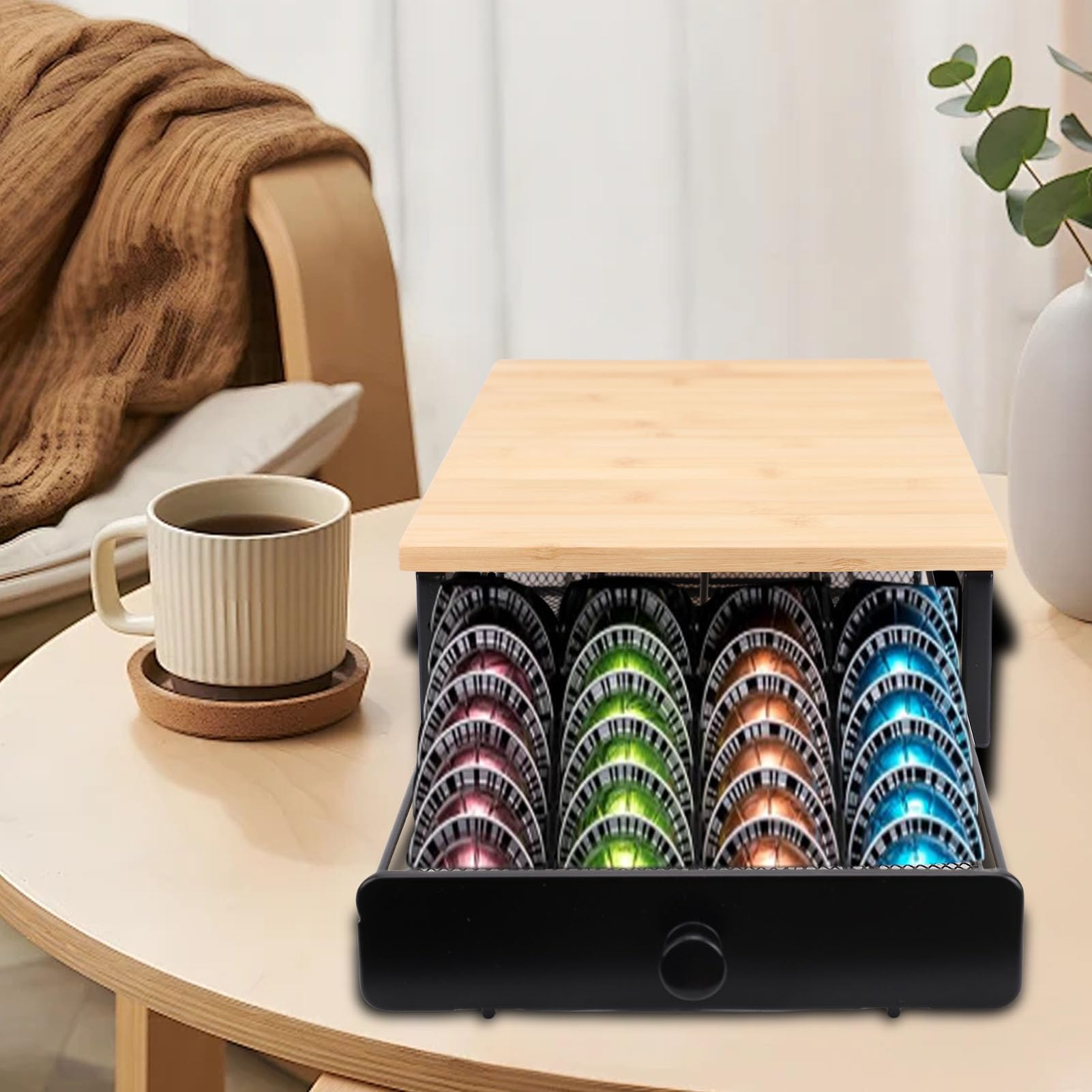 Fockety Cassetto per cialde di caffè da banco, 40 capacità di stoccaggio di capsule compatte scorrevole e salvaspazio in legno, organizzatore da banco di capsule per la casa
