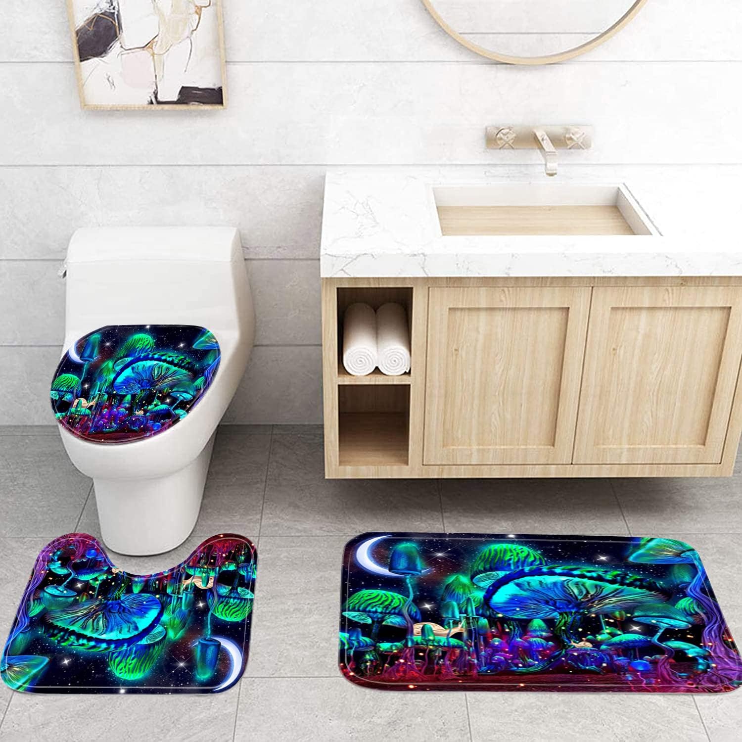 jieprom 4PCS Mushroom Bathroom Shower Curtain Set with Rugs, Toilet Lid Cover and Bath Mat, Moon and Stars with 12 Hooks, Durable Bathroom Decor Set