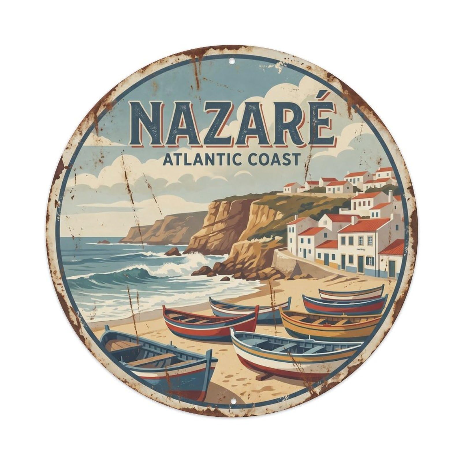 Vintage Travel Nazare Fishing Village Metal Tin Sign