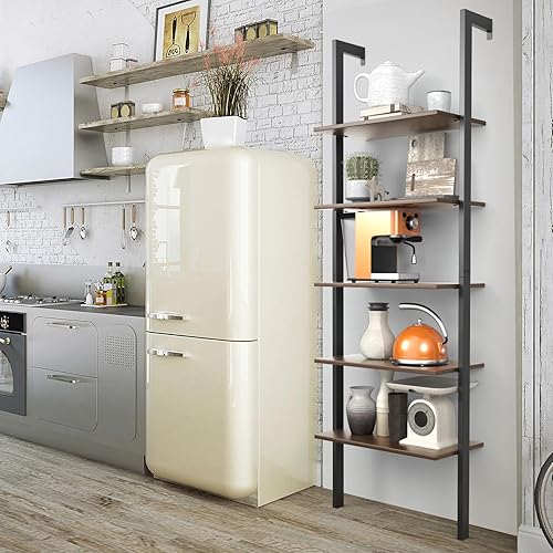 Miniatura 4 de Tangkula Estante de escalera industrial contra la pared, estantería de escalera de 5 niveles con marco de metal, estantería abierta de 72 pulgadas