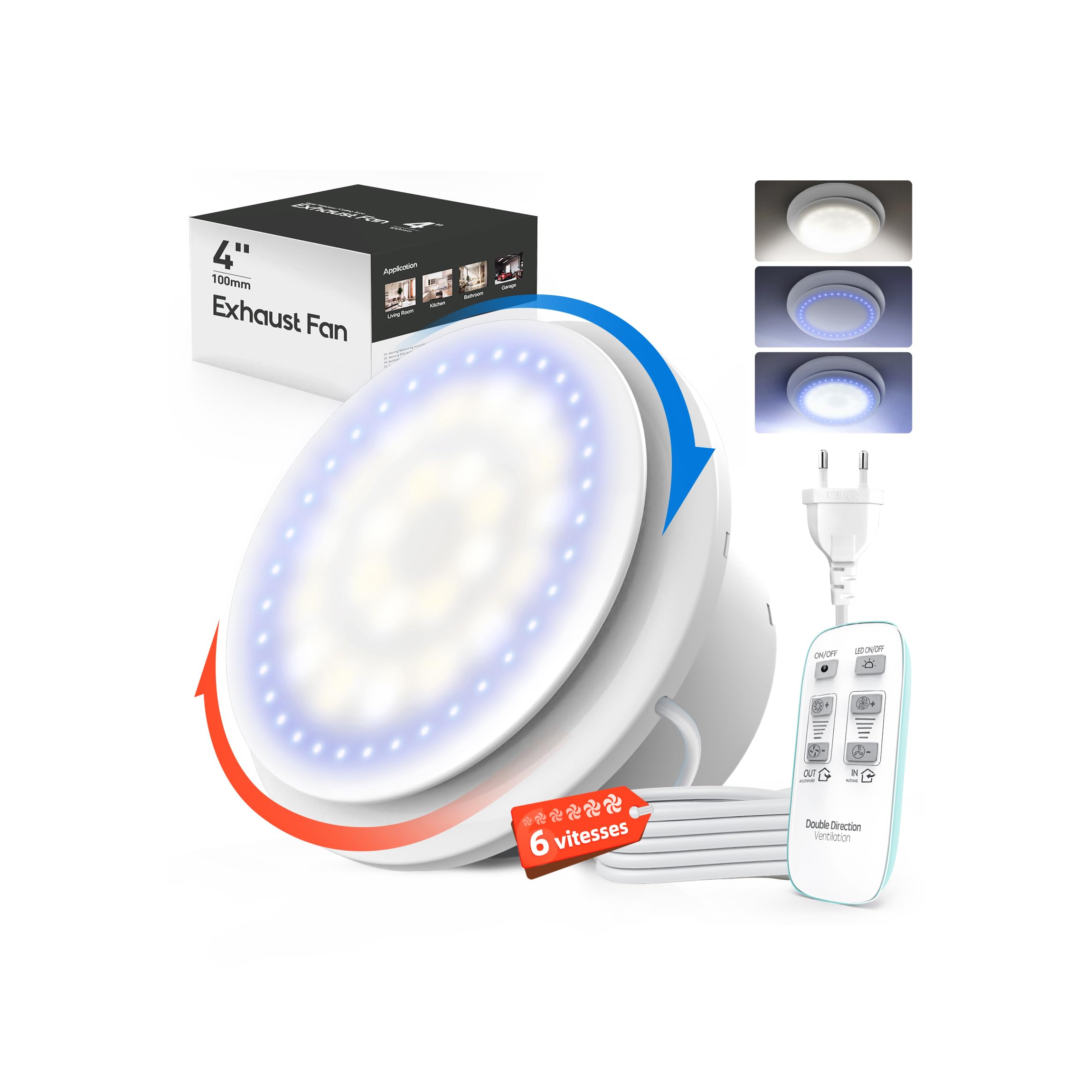 Extracteur d'Air 100mm, 6 Vitesses Ventilation, 2 Directions du Vent, 11 Effets Lumineux, Silencieux Ventilateur Extracteur dAir avec Télécommande, Aerateur VMC Salle de Bain Grenier Garage