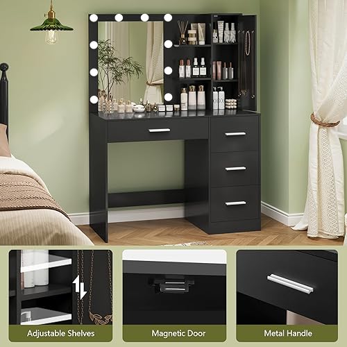 Vista 40 de usikey Escritorio grande de tocador de 47.2 pulgadas con espejo iluminado, 14 luces, mesa de tocador de maquillaje con 5 cajones grandes y estación