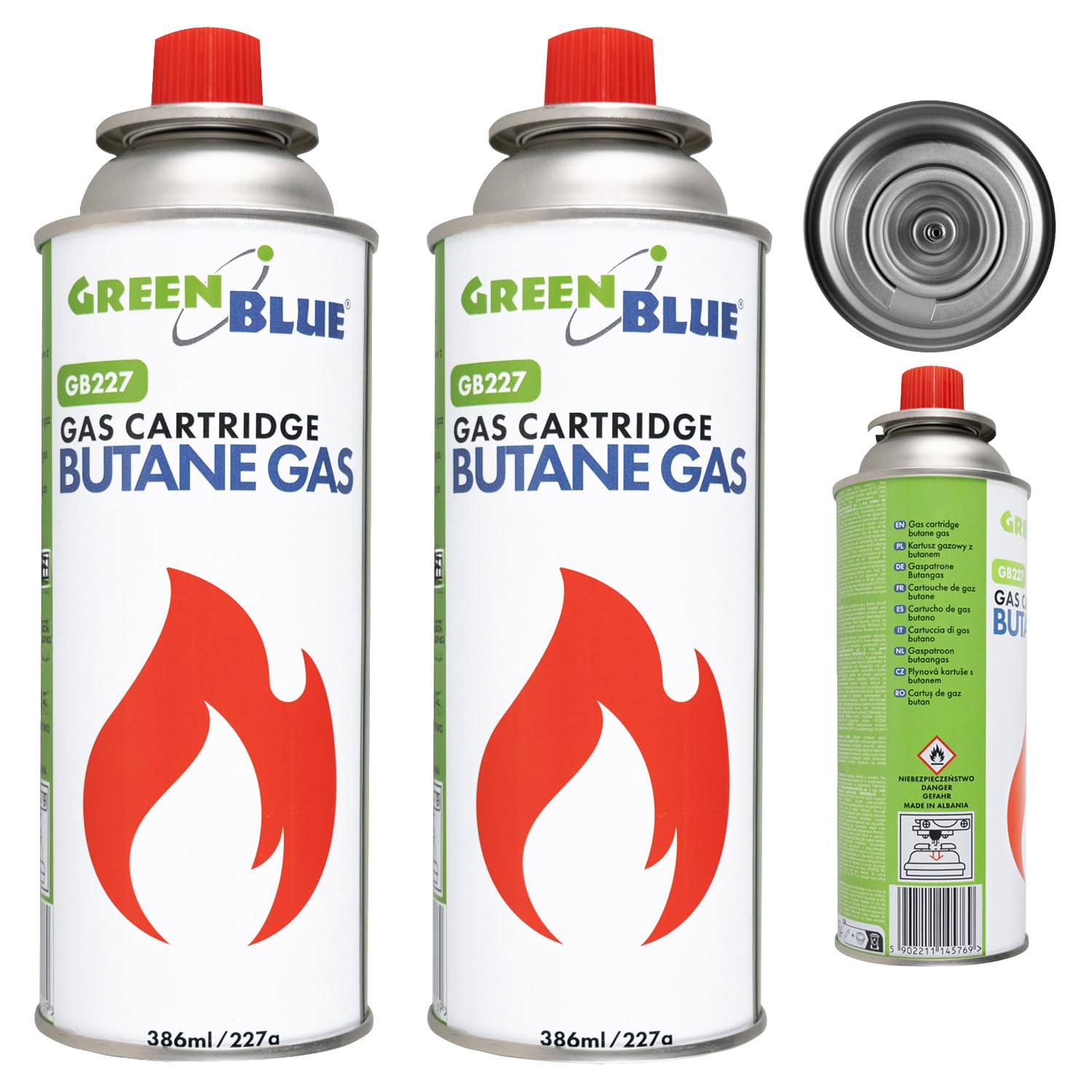 GreenBlue GB227 Cartuccia di gas, 227 g, butano, EN417, filettatura universale, per fornelli, bruciatori, lampade, compatta, sicura, riutilizzabile, per attività all'aperto (10)
