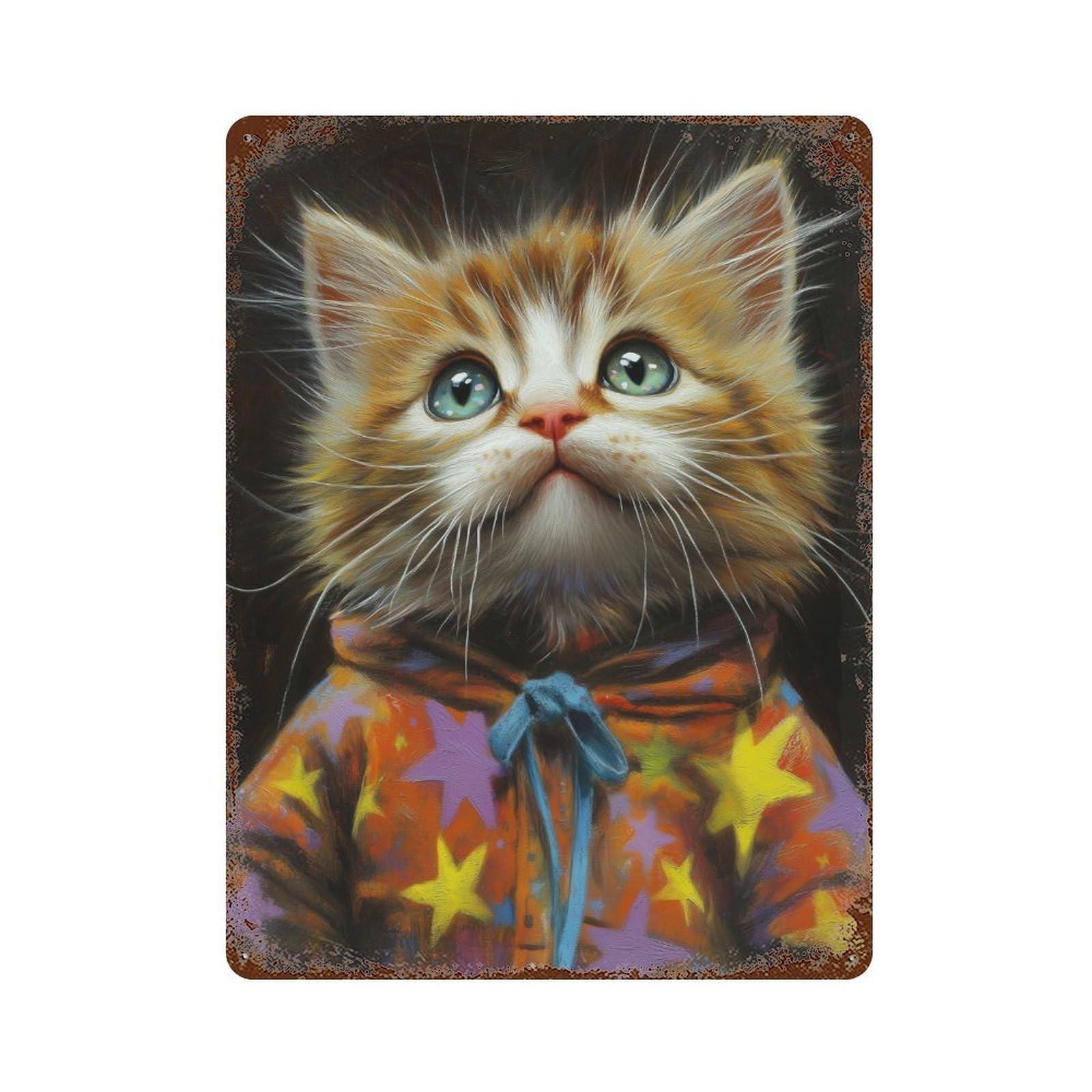 Rust Effect Colorful Starry Cat Hoodie Rusty Metal Tin Sign 15.7"x11.8", Industrial Home Decor for Living Room, Hallway And Home Decor