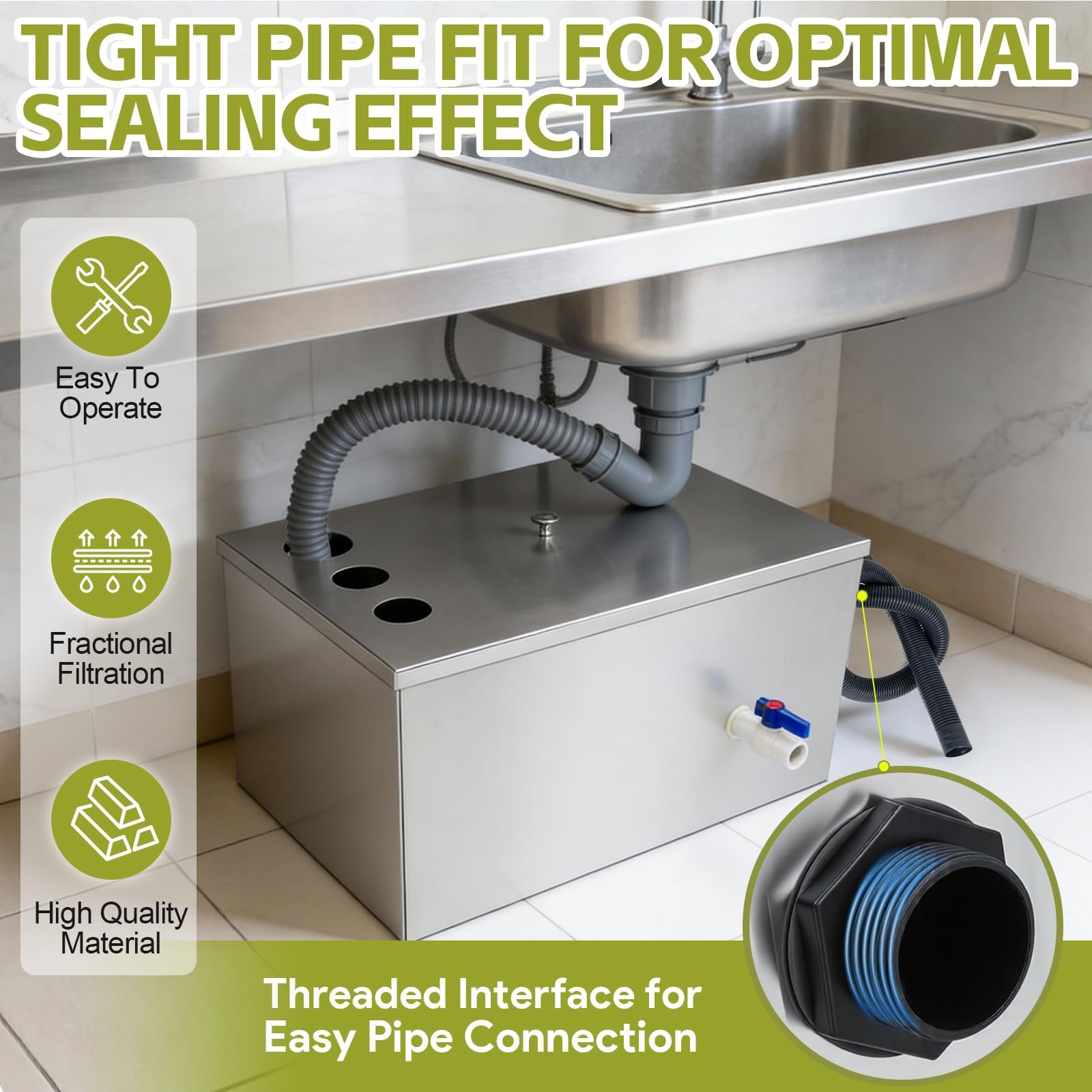 Piège à graisse commercial en acier inoxydable 72L avec 3 entrées supérieures pour maison, restaurant, cantine, évier de cuisine, avec déflecteurs amovibles 60 x 40 x 30 cm